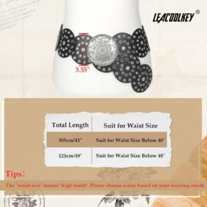 LEACOOLKEY Women Western Leather Belt Boho Disc Conch Waist Belt for Dress Jeans