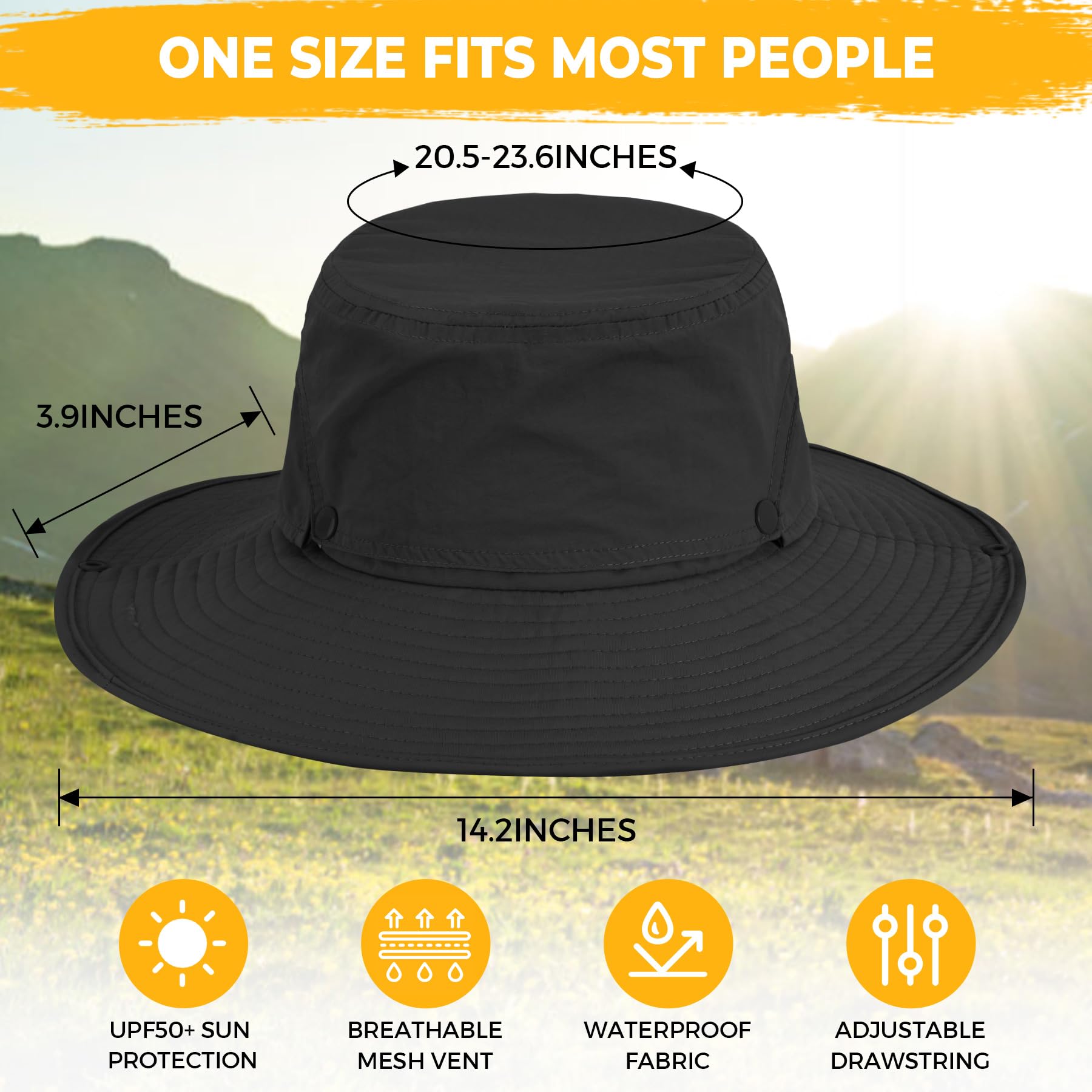 Sukeen Mens Sun Hat Wide Brim Breathable UPF50+ Waterproof Fishing Hat Removable Hat Top Boonie Hat for Hiking Garden Safari Black