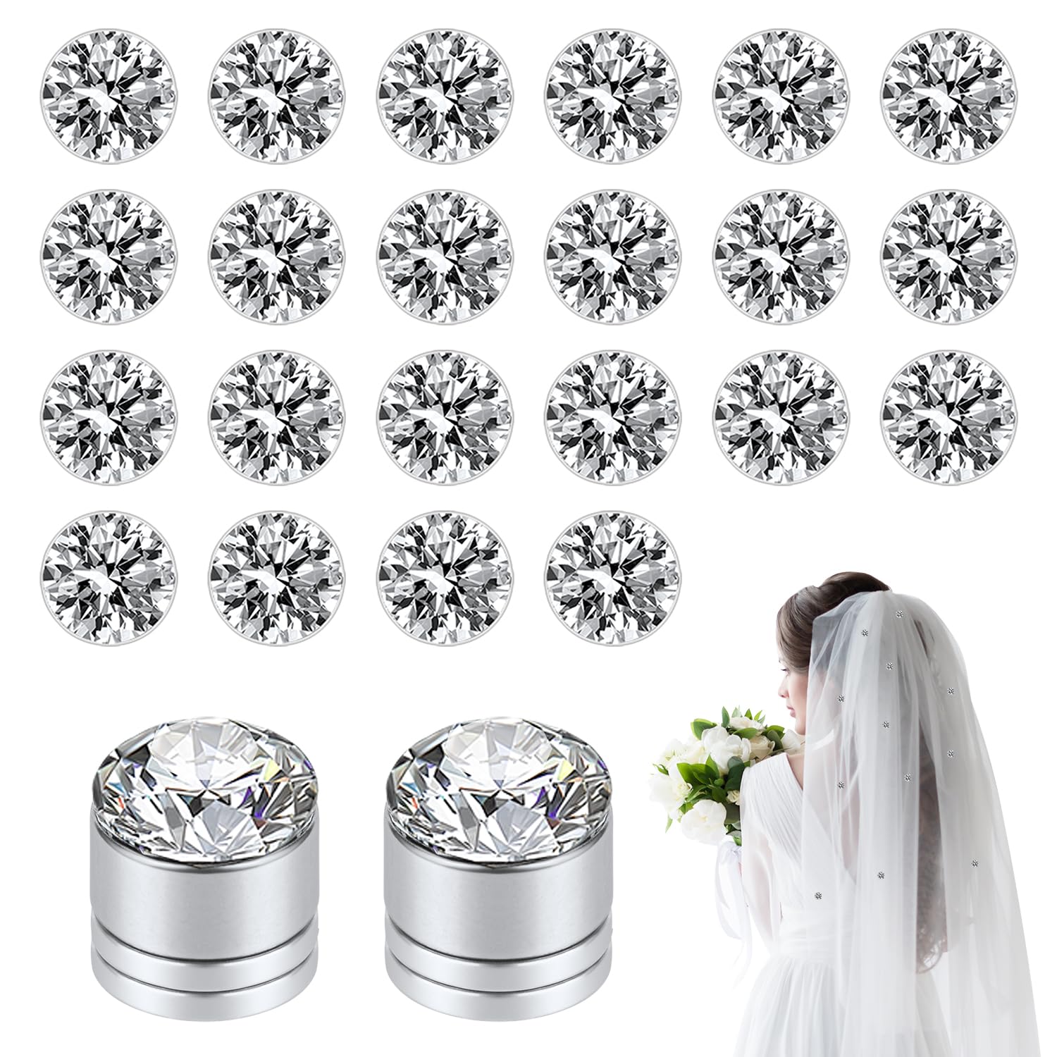 24pcs Veil Weights Wedding Magnetic Diamonds, Elegant Shiny Rhinestones Crystals Hijab Magnets for Clothes Scarves Women Girls Bridal Cathedral Wedding Dress Veil Accessories