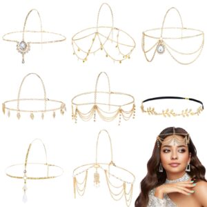 Dizila 8 Pieces Gold Head Chains with Rhinestone Pearl Leaf Coin Festival Prom Wedding Bridal Jewelry Boho Headbands Tassel Forehead Chain Hair Bands Headwear Headpieces for Women Girls