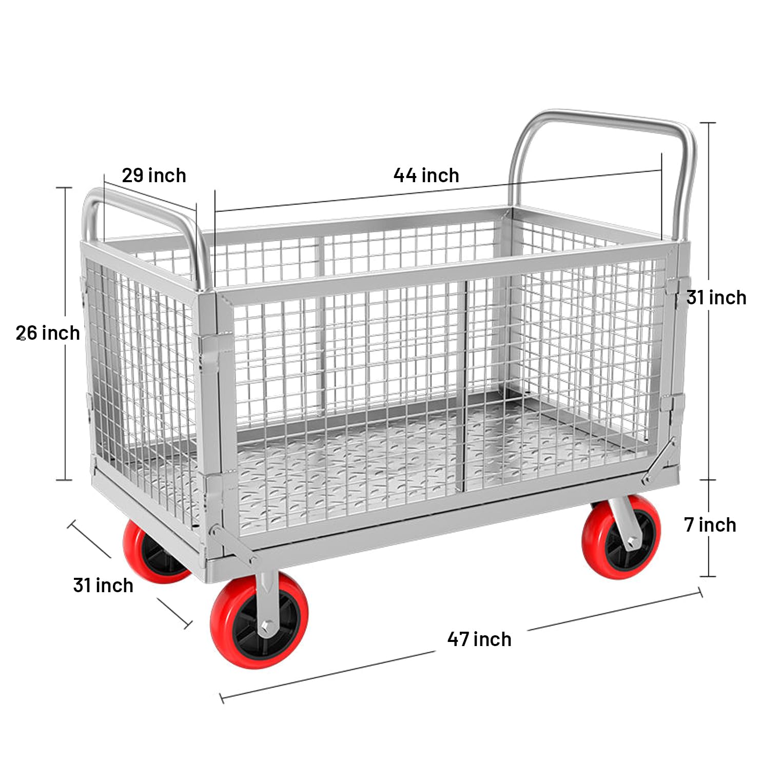 Forcecar Platform Truck Cart with Cage 4in1 Foldable Platform Truck Heavy Duty Push Cart Dolly Load 1600LBS W/Swivel Casters, Flatbed Fence Cart Hand Trucks for Warehouse,Groceries,Garage