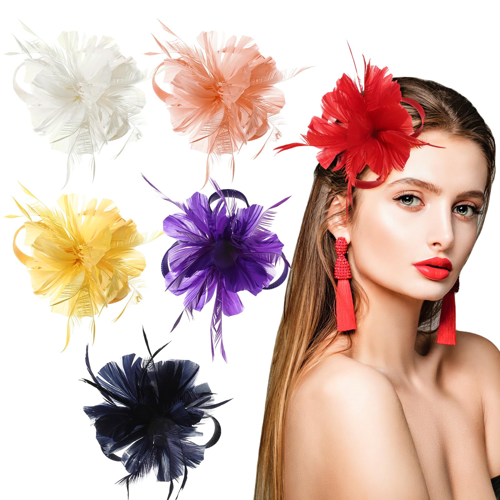 Riceshoot 6 Pcs Women's Fascinator Hats Tea Party Feather Flower Hats Wedding Derby Fascinator Hat Hairpin Hair Clip, 6 Color