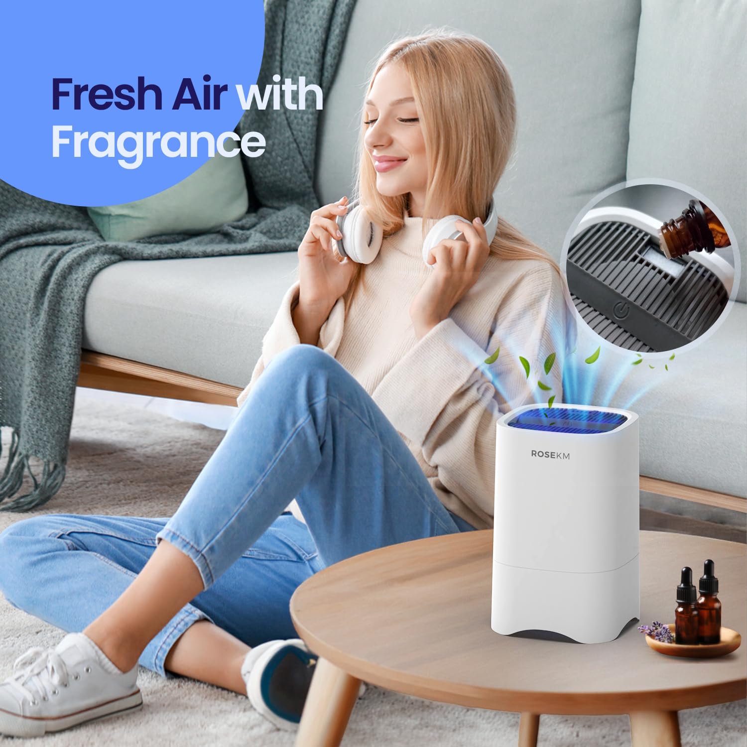 ROSEKM Small Air Purifiers for Desktop, HEPA Air Purifiers for Office, Bedroom, Home, Car, Small Room, Mini Air Purifier Air Cleaner for Smoke, Dust with Fragrance Sponge & Night Light