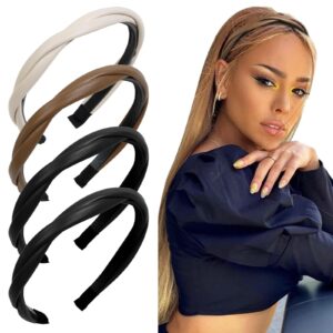 WOVOWOVO Thin Leather Headbands for Women, 4 Pcs Twisted Thin Head Bands with Teeth Boho Non Slip Headband, Fashion Black White Hairbands Braided Hair Hoops Girls Hair Accessories