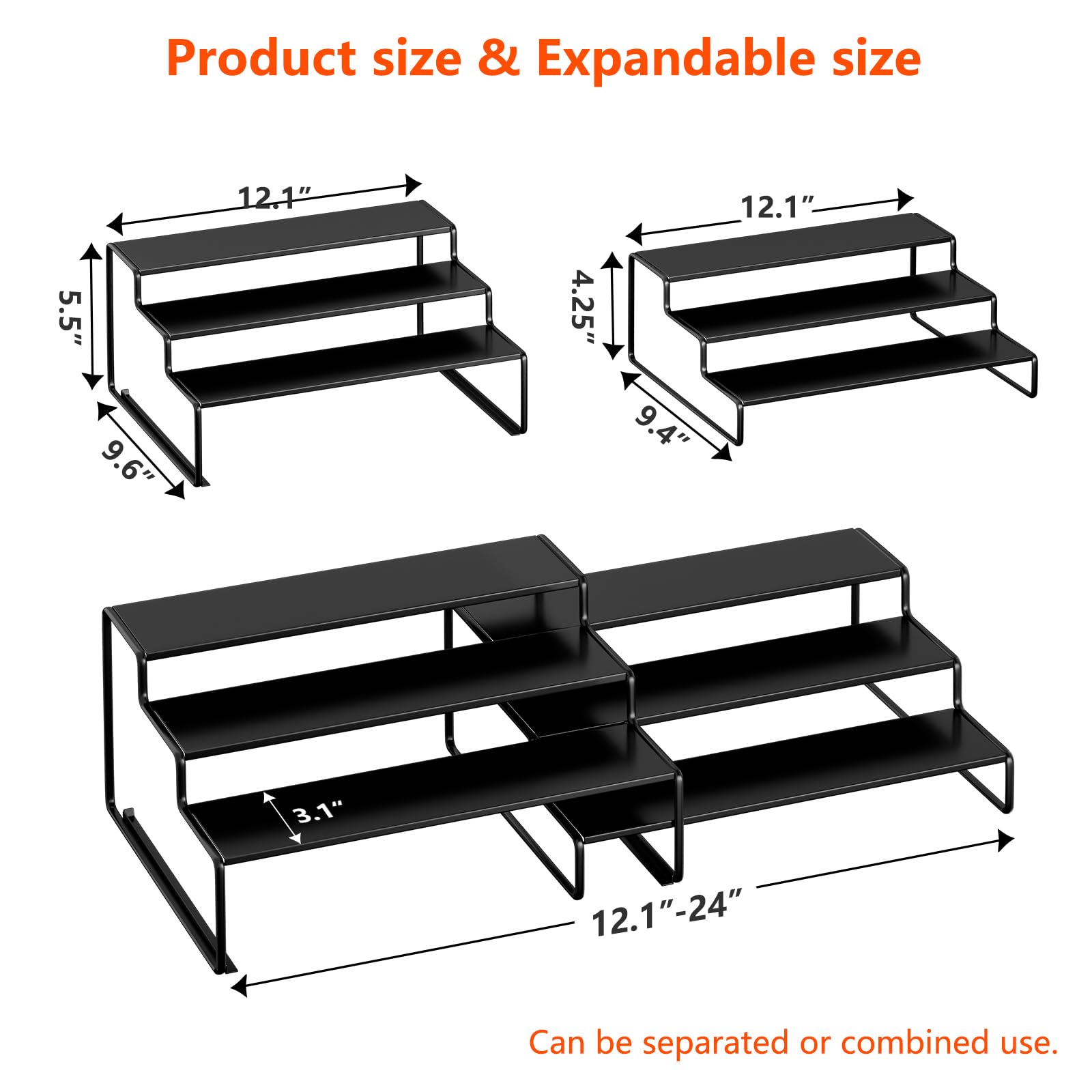 Simple Trending Spice Rack Organizer for Cabinet, 2 Pack 3 Tier Seasoning Organizer, Expandable Shelf,Step Storage Holder, Kitchen Cabinet Countertop,with Sliding Drawer, Metal, Black