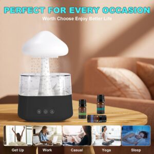 Cloud Rain Humidifier for Bedroom Water Drip Diffuser, Mushroom Diffuser, 450ml Cloud Humidifier Rain Drop,Cloud Diffuser with 7 Colors, Rain Sounds for Sleeping (08 Black)