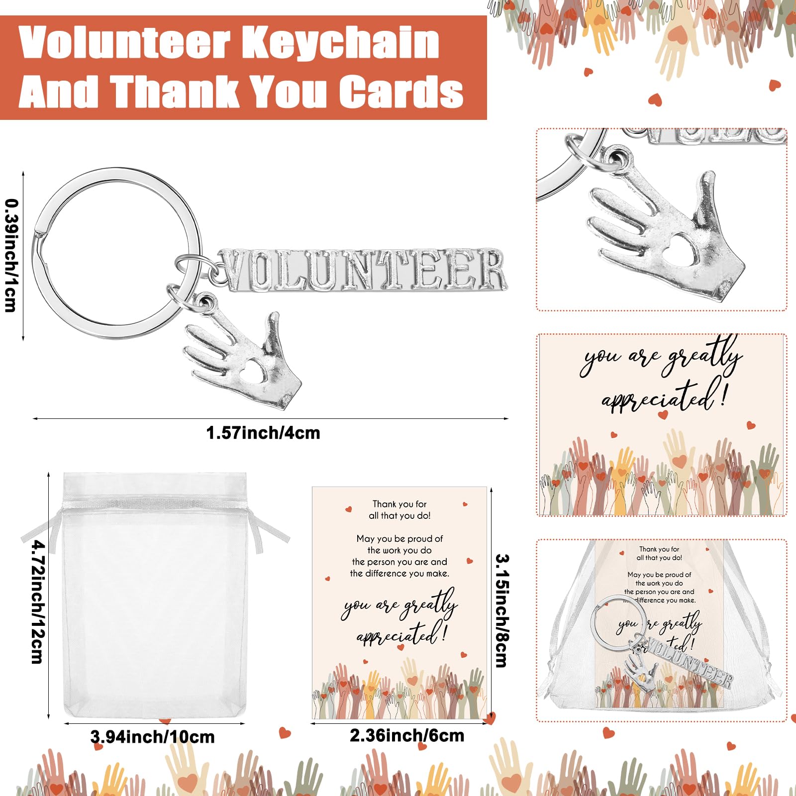 Ecation 25 Sets Volunteer Appreciation Gifts Volunteer Keychain Thank You Cards with Organza Bags Gratitude Gifts Thank You Gifts