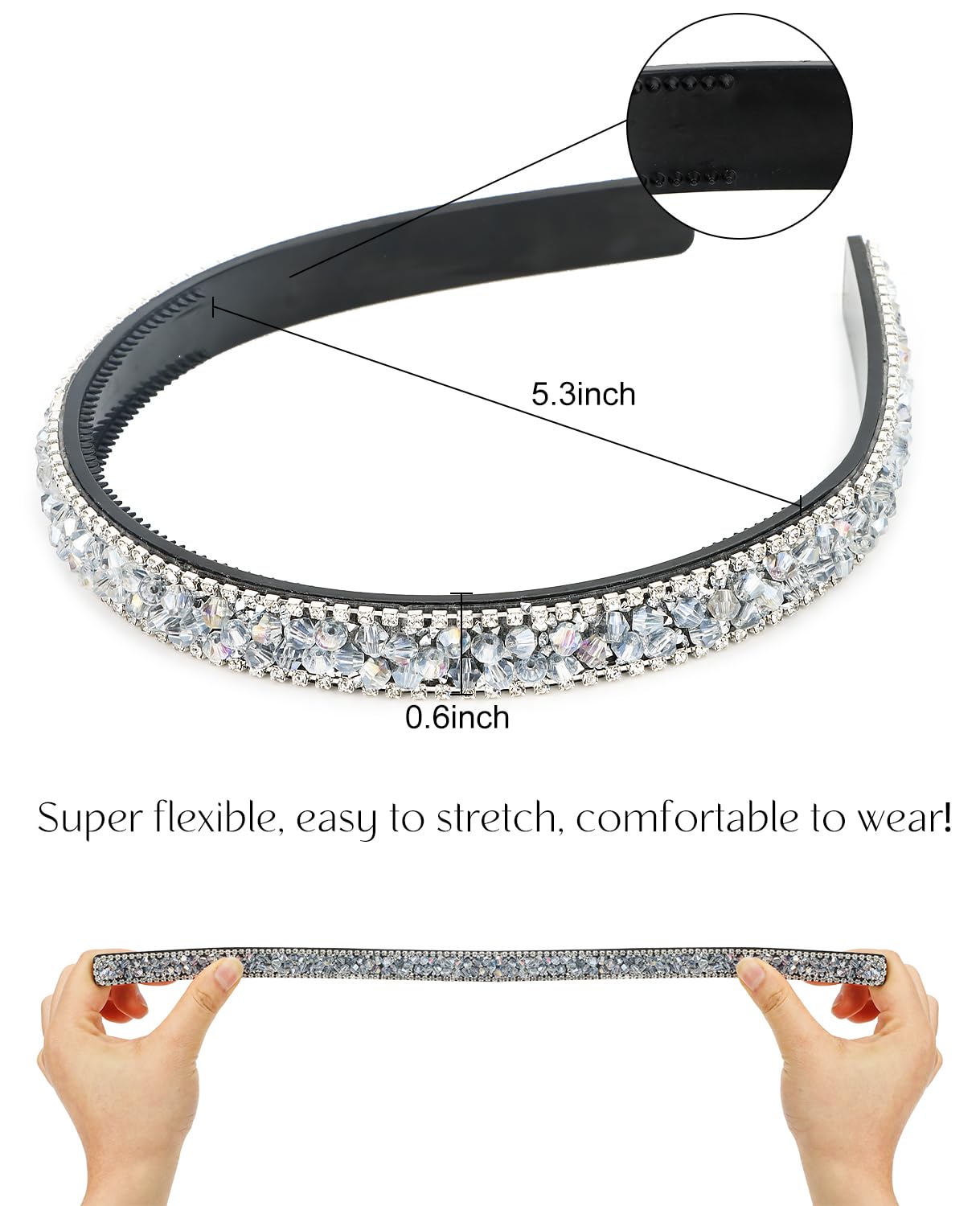 Wecoe Rhinestone Headband Women Silver Grey Comb Headband with Teeth Bling Sparkly Beaded Headband Non Slip Fashion Hair Band Birthday Holiday Homecoming Hair Accessories For Women Girls Gifts