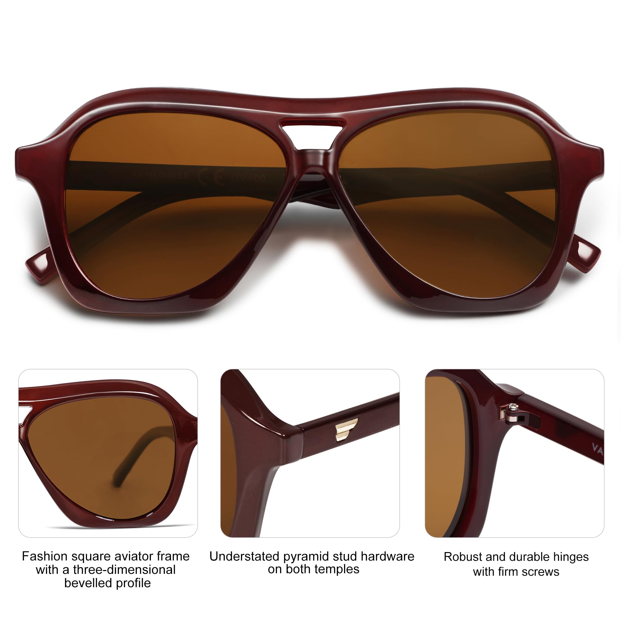 VANLINKER Retro 70s Square Aviator Sunglasses Womens Men Trendy Polarized Vintage Shades VL9768 Burgundy Frame Brown Lens