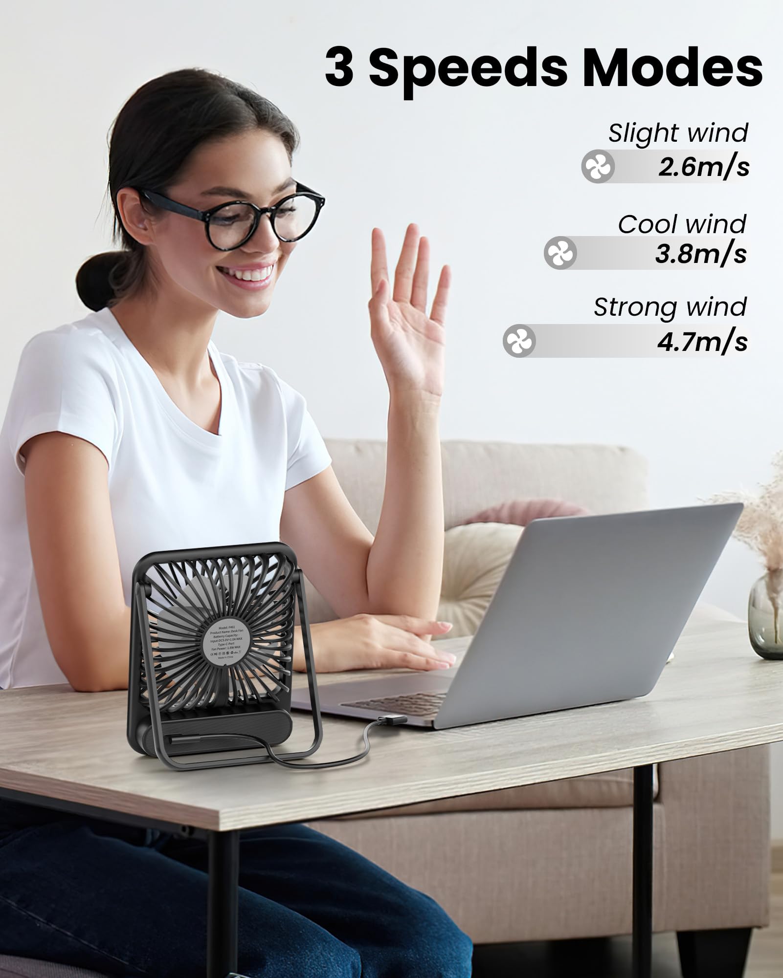 Koonie USB Desk Fan, Strong Wind Ultra Quiet Small Personal Fan with 180° Tilt Folding and 3 Speeds Adjustable, USB-C Corded Powered Mini USB Fan for Office Desktop Bedroom