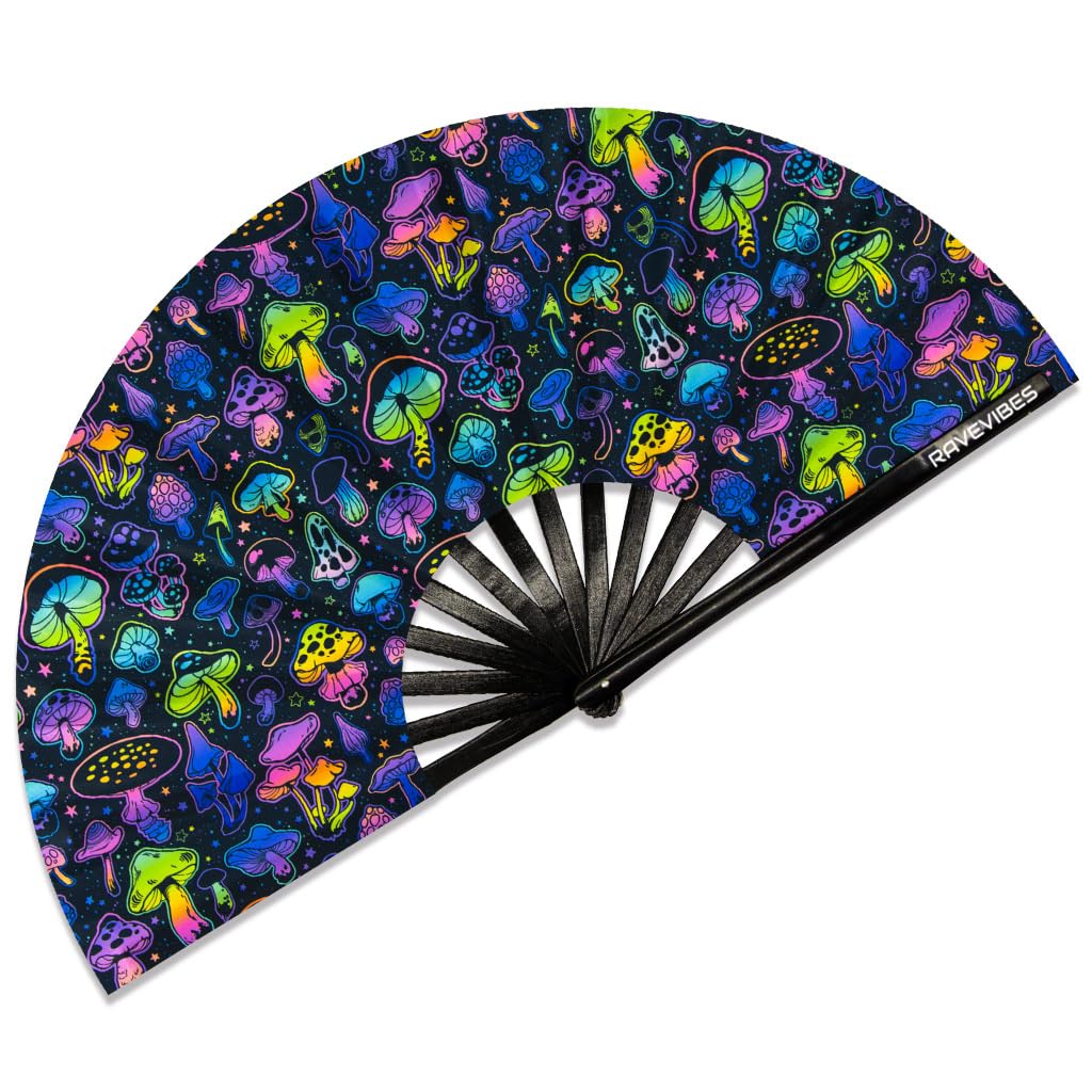 Ravevibes 13" Large Rave Fan Folding Hand Fan, Bamboo Festival Clack Fan Foldable UV Glow Edm Fans For Rave Outfits Accessories Performance Dance Party For Men Women, Mushrooms