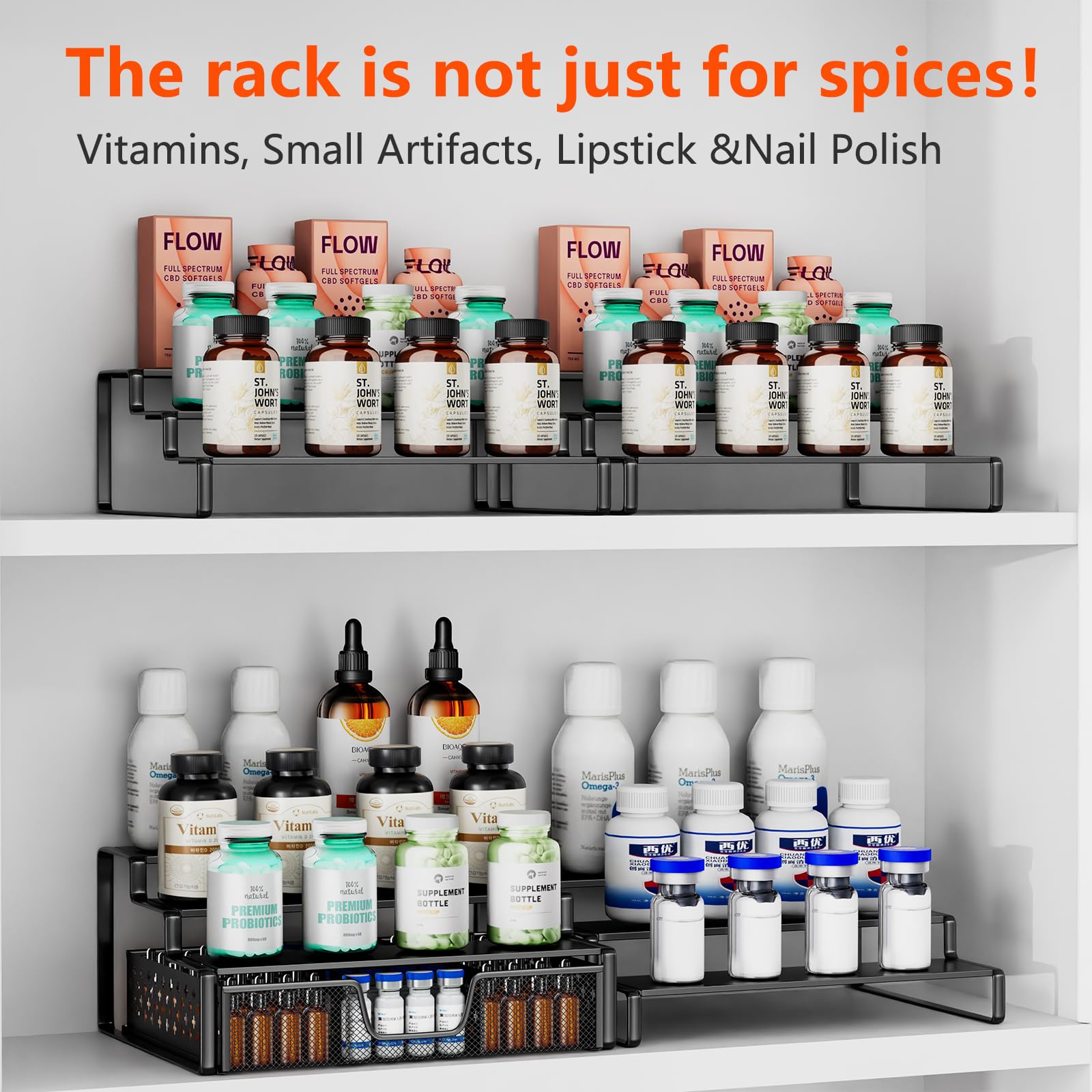 Simple Trending Spice Rack Organizer for Cabinet, 2 Pack 3 Tier Seasoning Organizer, Expandable Shelf,Step Storage Holder, Kitchen Cabinet Countertop,with Sliding Drawer, Metal, Black