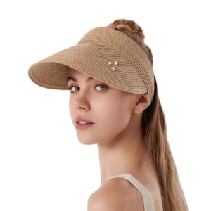 ELLEWIN Women Sun Visor Hat Wide Brim Straw Sun Visor Roll Up Sun Hat Ponytail Packable Beach Khaki Visor