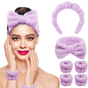 yangyichen spa headbands and wristbands set, 6 pack face washing headband with bow - purple, skincare headbands for women and girls