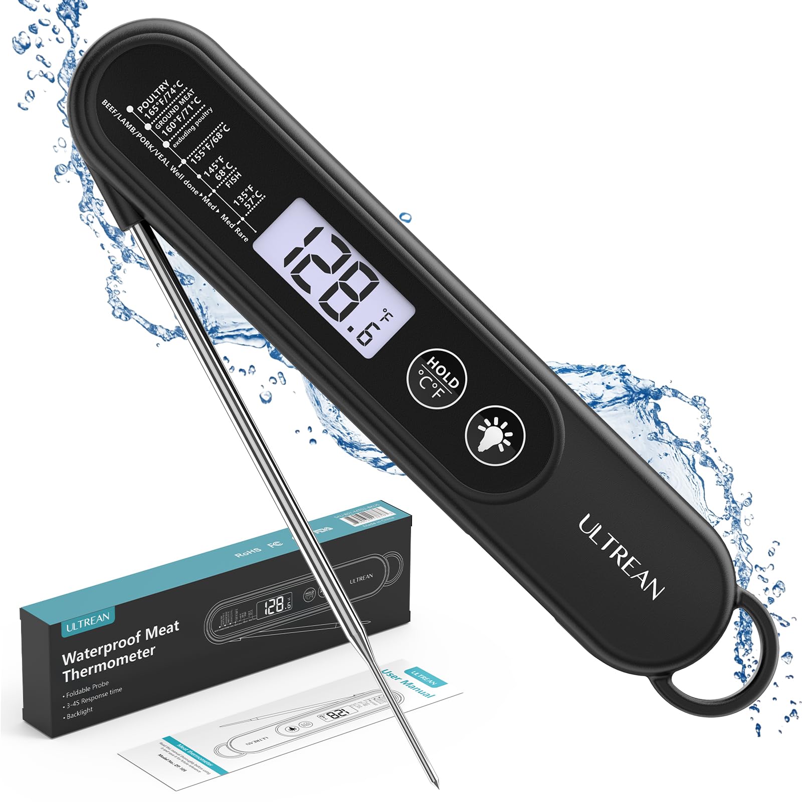 Ultrean Digital Meat Thermometer for Cooking,Ultra-Fast Instant Read Food Thermometer with Backlight,Foldable Probe,Waterproof Kitchen Thermometer for BBQ,Grill,Fry,Oven,Candy Making