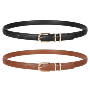 TRIWORKS 2 Pack Women Skinny Leather Belts for Jeans Pants Thin Faux Leather Belt with Gold Buckle