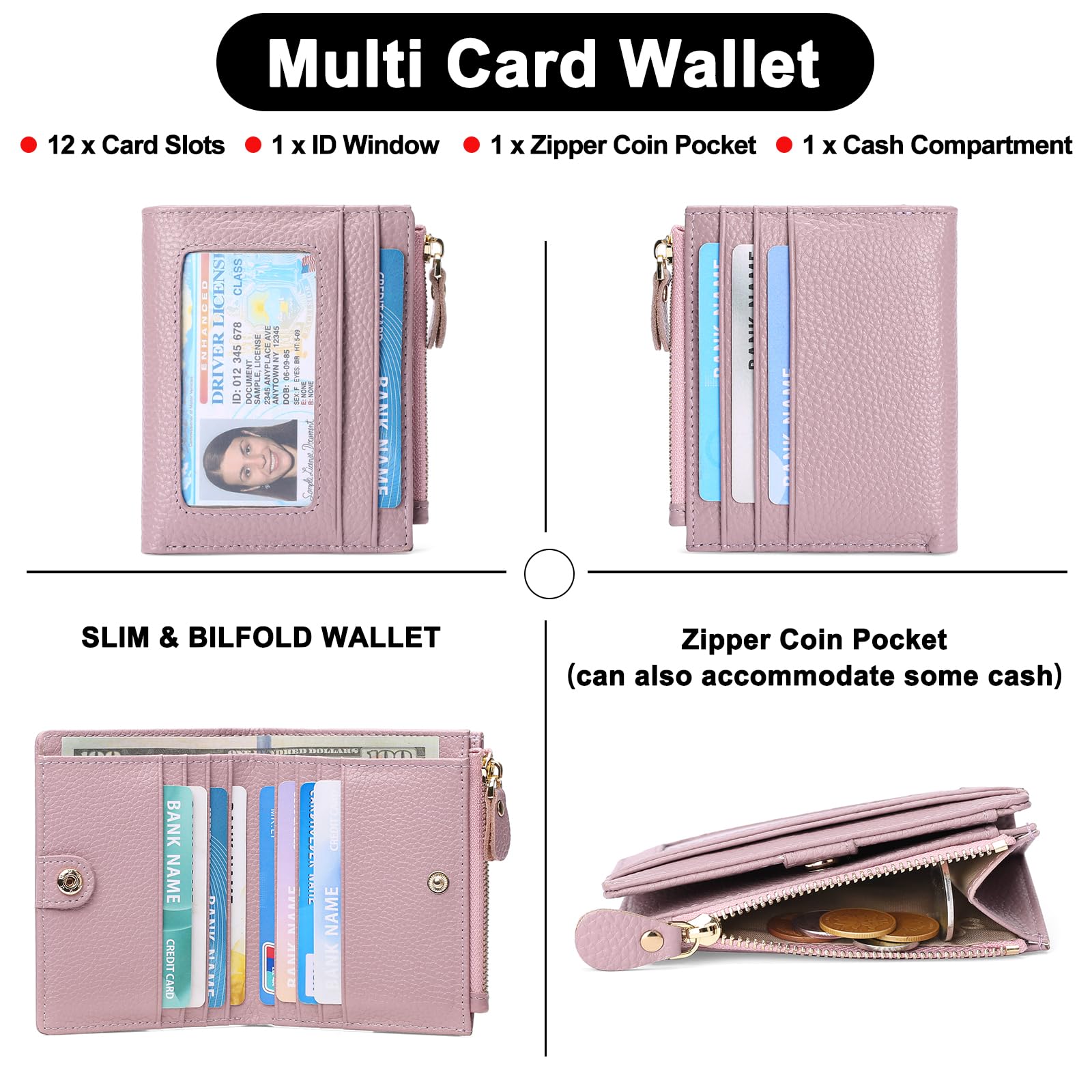 FALAN MULE Small Womens Wallet Genuine Leather Bifold Card Holder RFID Blocking with Zipper Coin Pocket