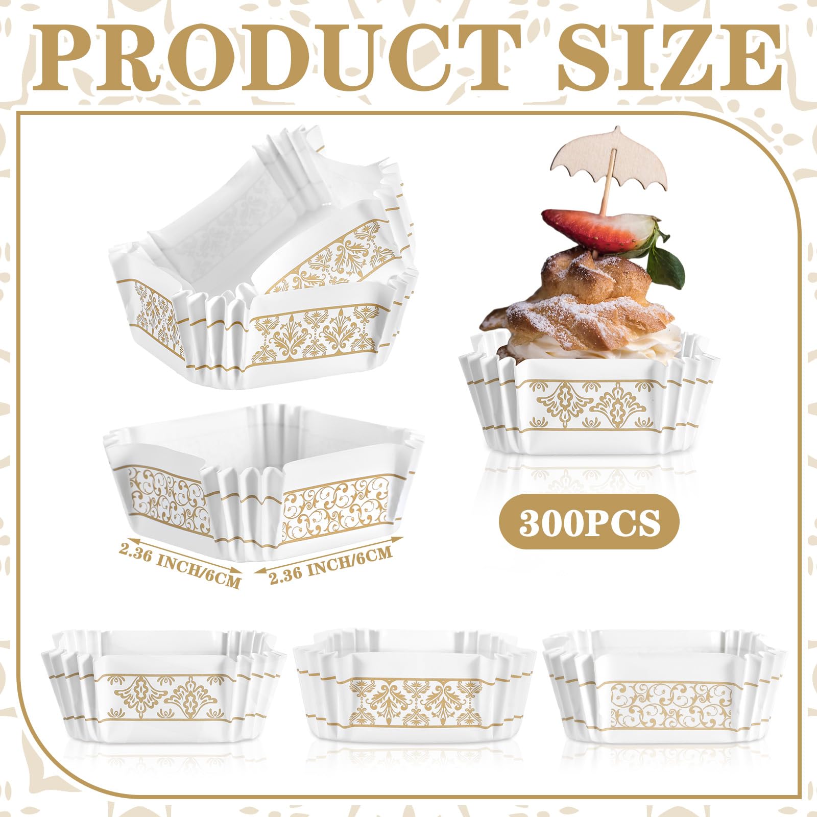 Maxcheck 300 Pcs Square Cupcake Liners 2.36 Inches Square Baking Cups Brownie Cupcake Cups Square Paper Patterned Cupcake Wrappers for Wedding Baby Shower Birthday Party Cake(European)