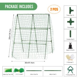 2 PCS Cucumber Trellis for Climbing Plants Outdoor, Garden Trellis for Raised Bed Garden,Vegetable Grow Supports with Climbing Net for Tomato Bean Squash, Grape Zucchini (2PCS)