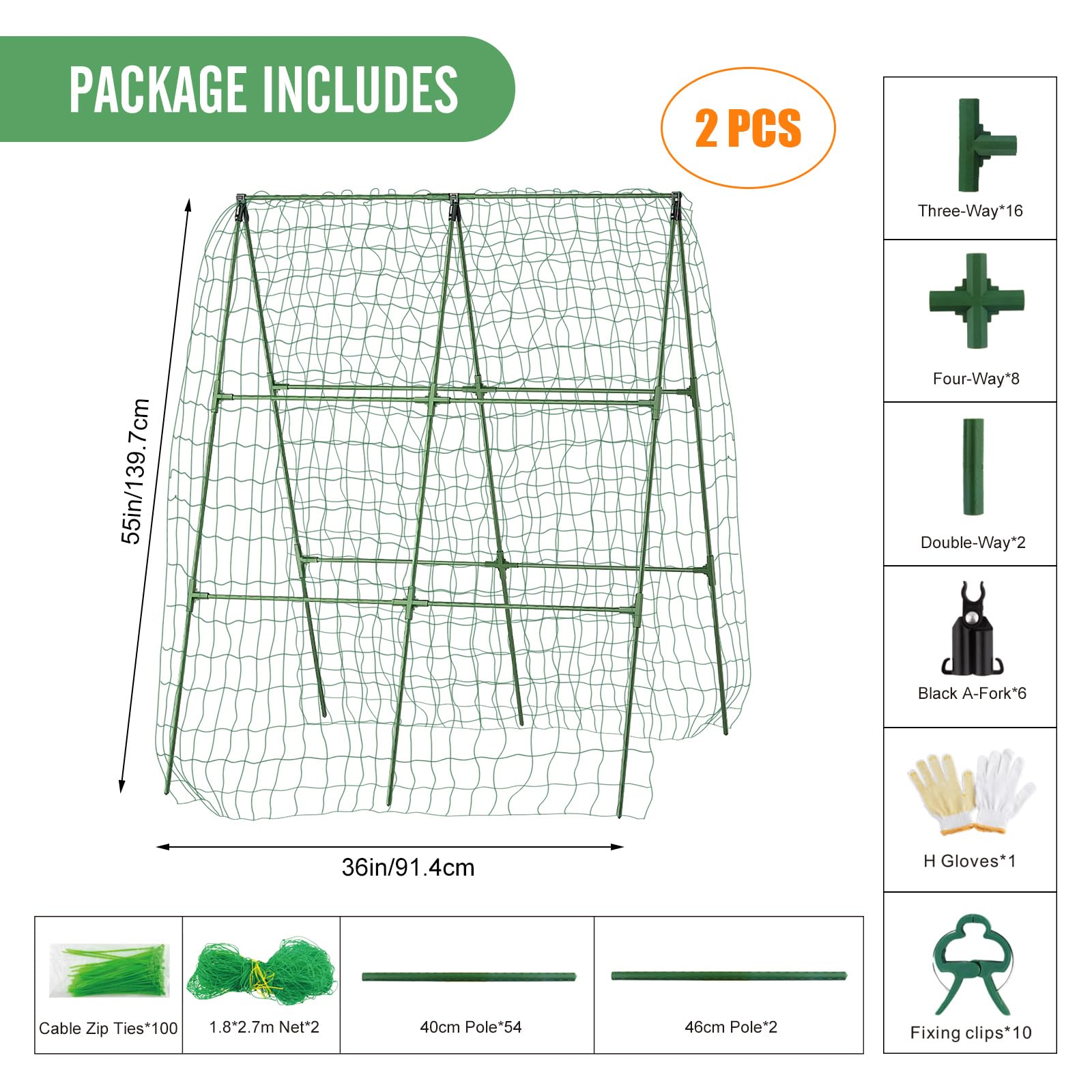 2 PCS Cucumber Trellis for Climbing Plants Outdoor, Garden Trellis for Raised Bed Garden,Vegetable Grow Supports with Climbing Net for Tomato Bean Squash, Grape Zucchini (2PCS)