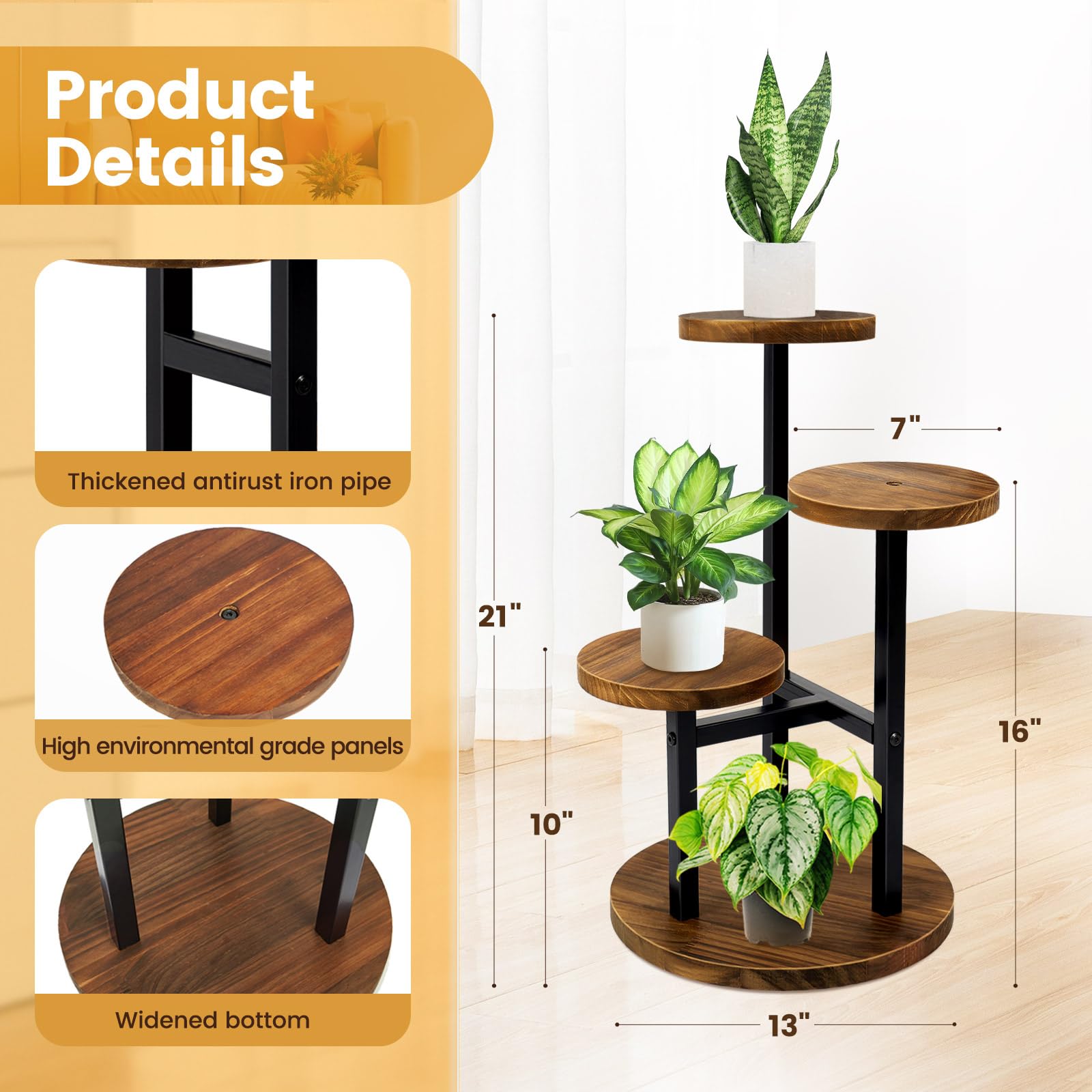 GEEBOBO 3 Tier Plant Stand Indoor, Metal Wood Plant Stands For Indoor Plants Multiple, Corner Tiered Flower Plants Shelf Stand for Living Room Bedroom, Brown