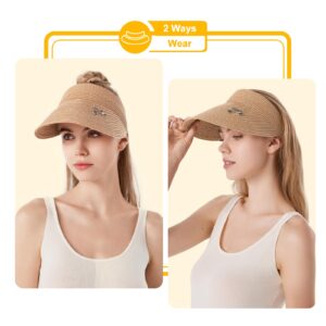 ELLEWIN Women Sun Visor Hat Wide Brim Straw Sun Visor Roll Up Sun Hat Ponytail Packable Beach Khaki Visor