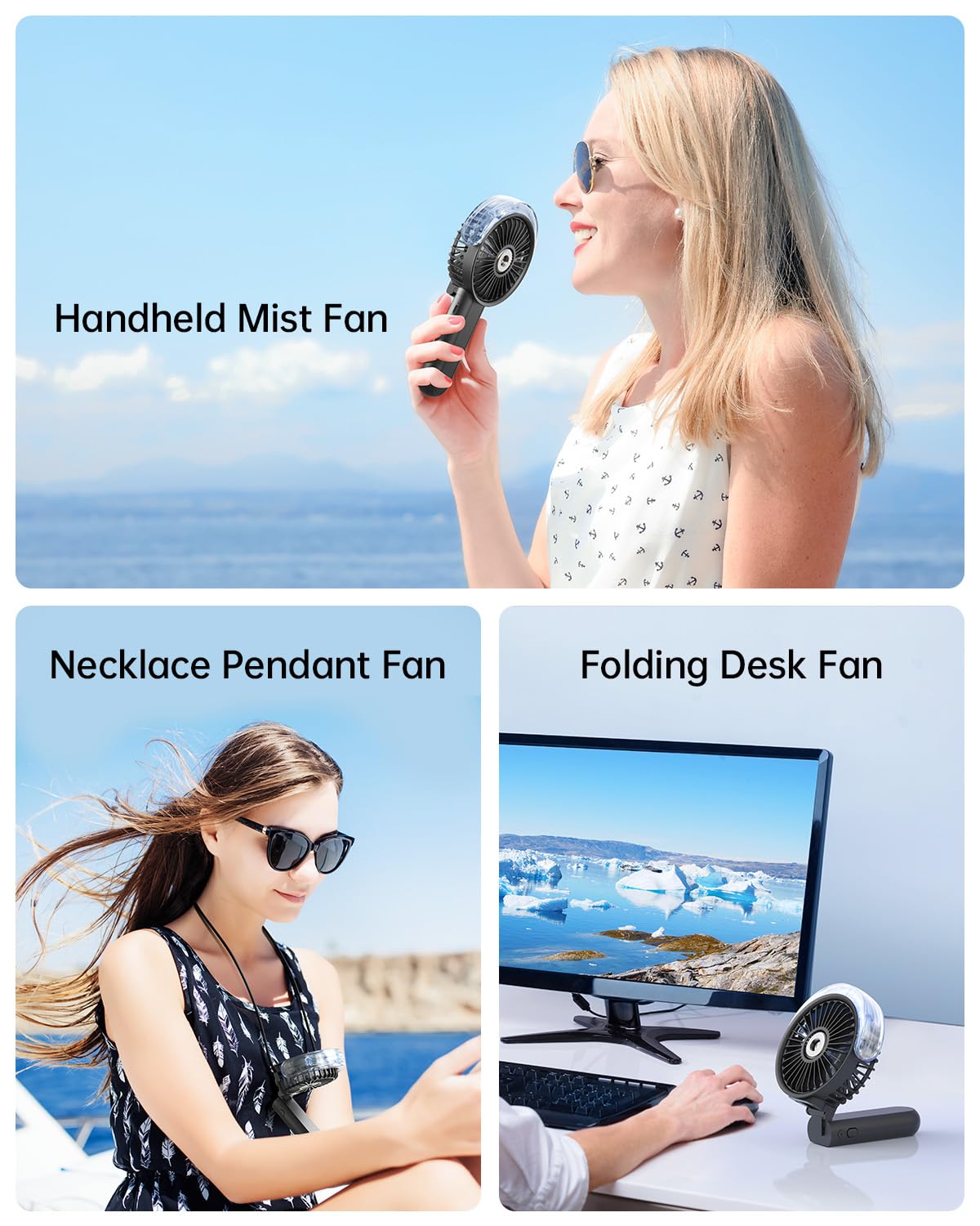 SWEETFULL Portable Misting Fan - 180° Foldable Handheld Personal Fan with Mist Spray, 3 Speeds, 30ml Water Tank, USB Rechargeable for Travel, Outdoors, Makeup, Camping, Home, and Office Use