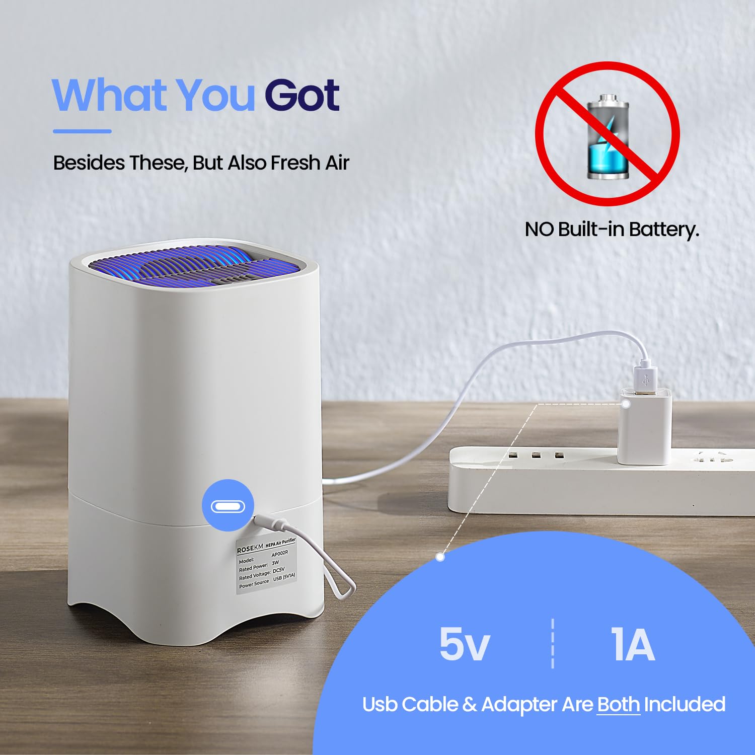 ROSEKM Small Air Purifiers for Desktop, HEPA Air Purifiers for Office, Bedroom, Home, Car, Small Room, Mini Air Purifier Air Cleaner for Smoke, Dust with Fragrance Sponge & Night Light