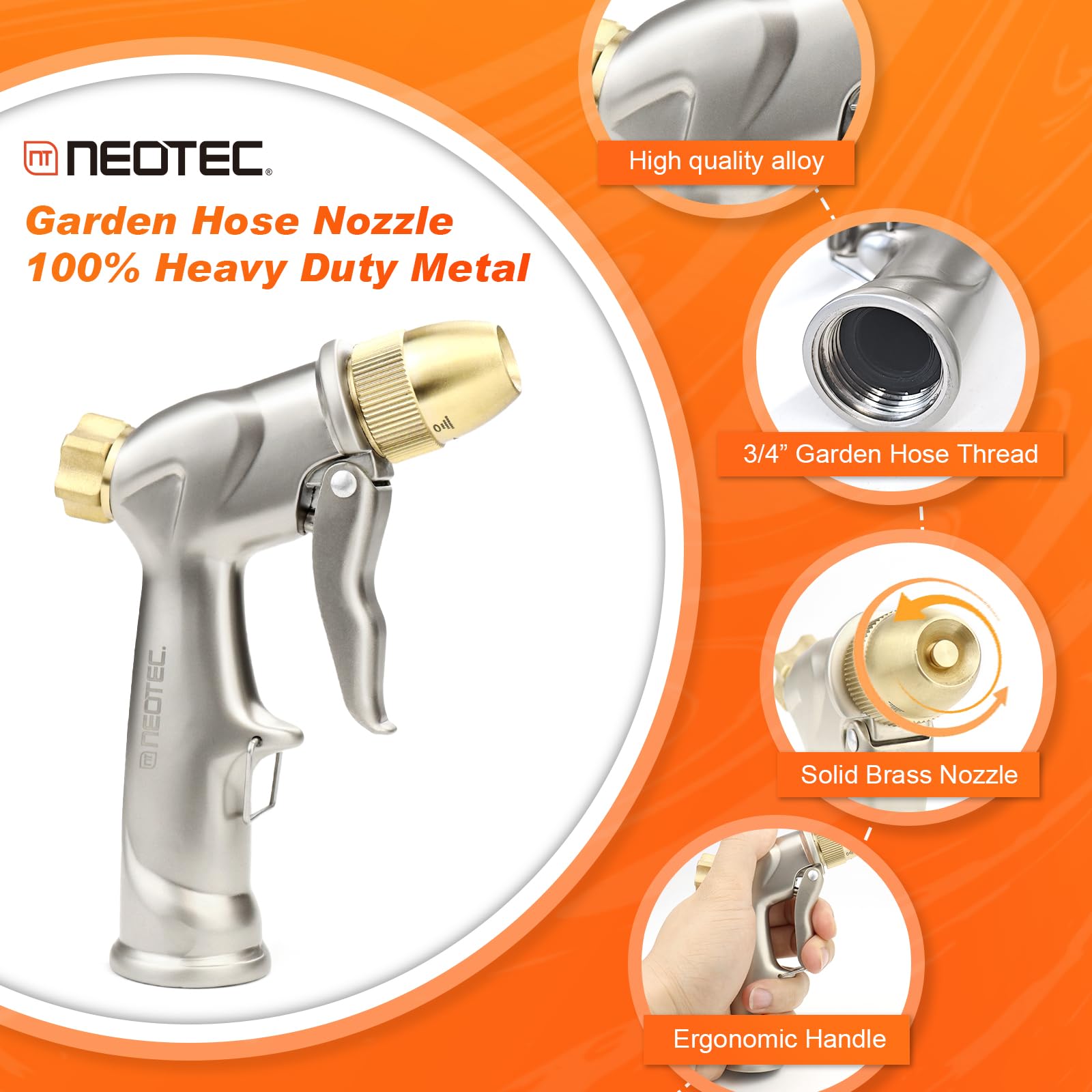 Garden Hose Nozzle, Upgrade 100% Heavy Duty Metal High Pressure Water Hose Nozzle with 4 Spray Patterns Rotating for Outdoor Lawn & Garden Watering, Car & Pet Washing