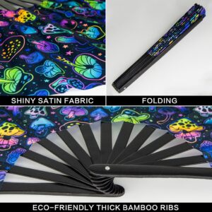 Ravevibes 13" Large Rave Fan Folding Hand Fan, Bamboo Festival Clack Fan Foldable UV Glow Edm Fans For Rave Outfits Accessories Performance Dance Party For Men Women, Mushrooms