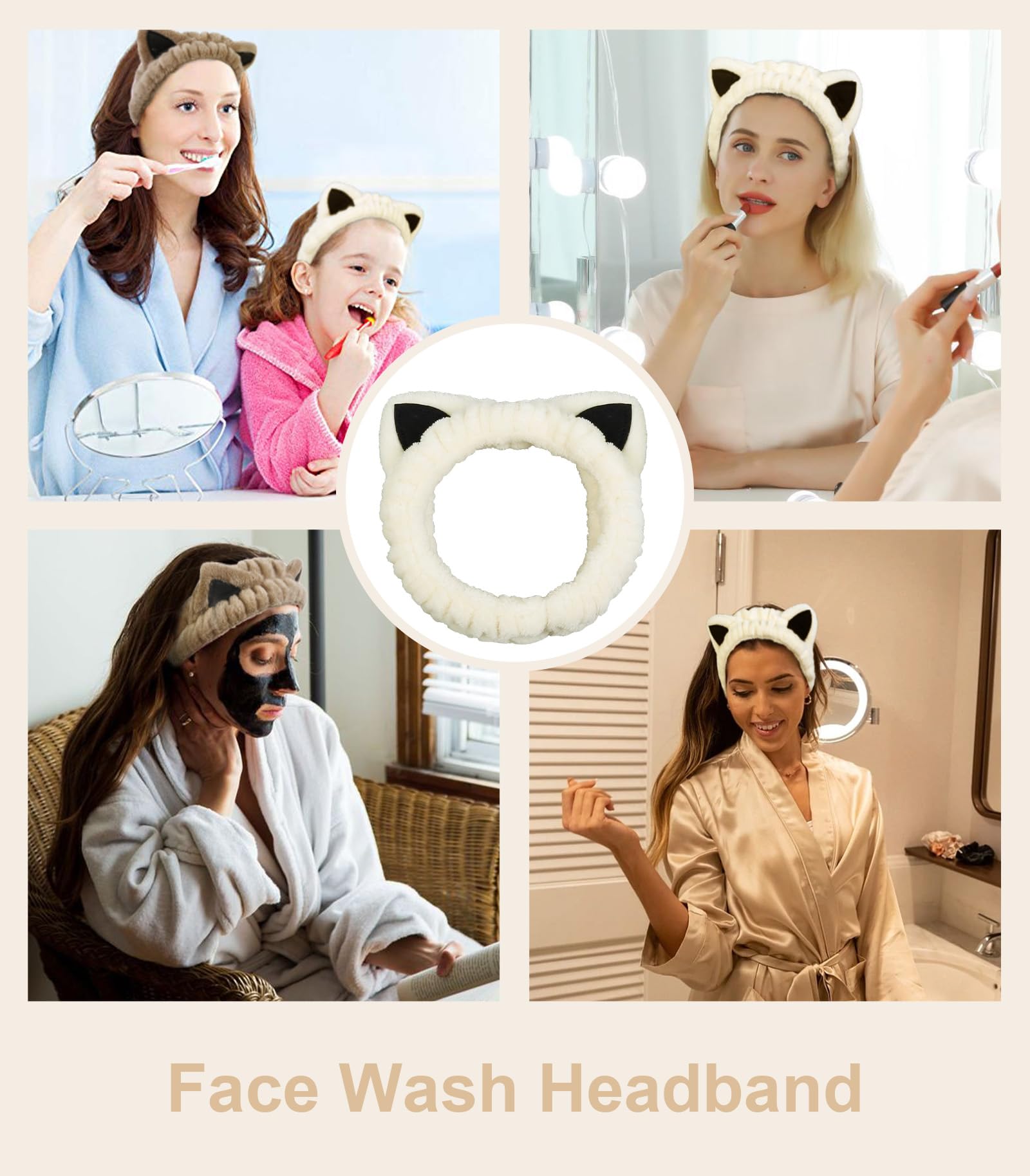 Huachi 2 Packs Cute Cat Spa Headband for Washing Face Makeup Skincare, Animal Headbands for Women Girls Trendy Stuff Gifts Soft Coral Fleece Facial Wash Hair Accessories (Beige+ Khaki)