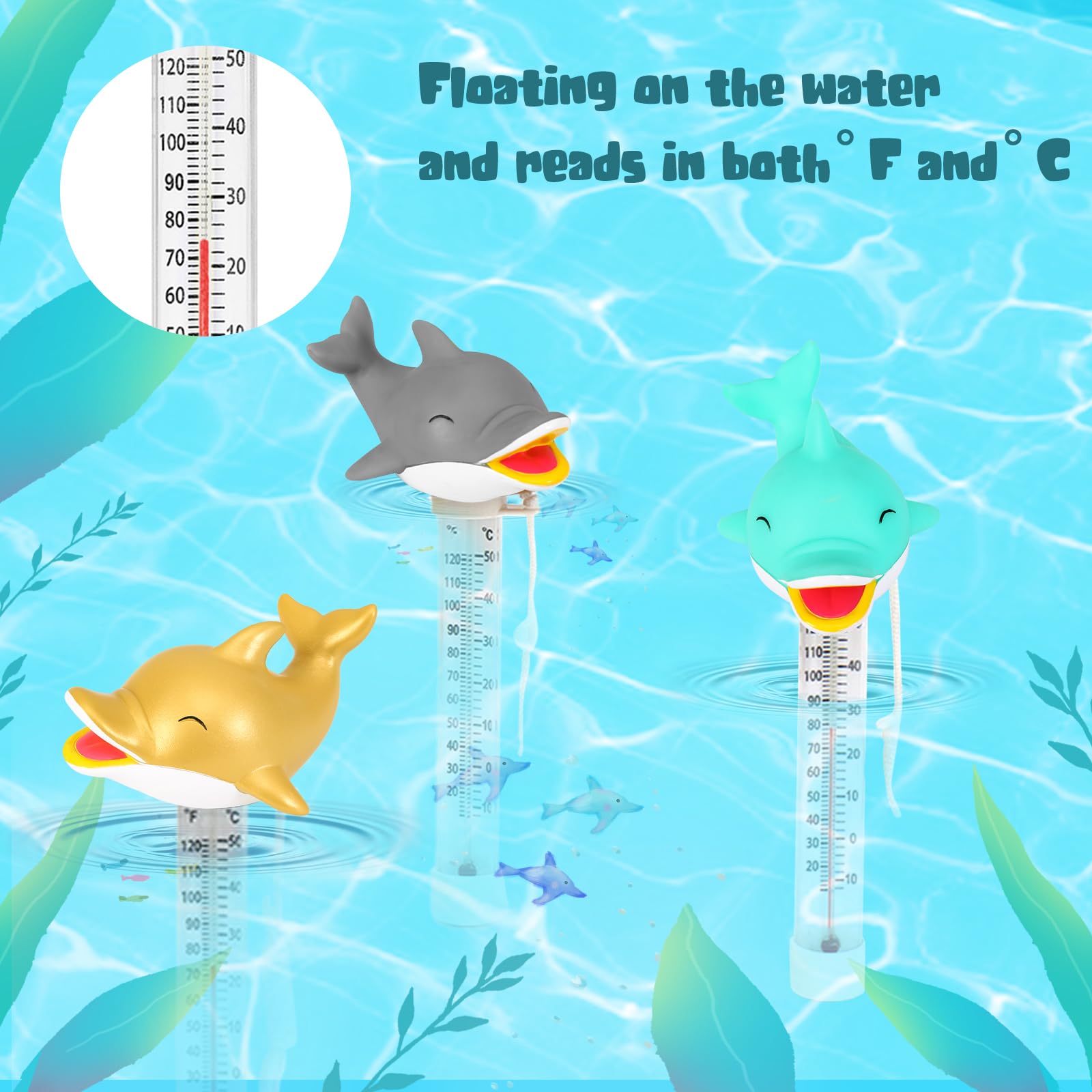 XY-WQ Floating Pool Thermometer, Large Size Easy Read for Water Temperature with String - Swimming Pool, Spas, Hot Tubs, Ponds (Dolphin3)