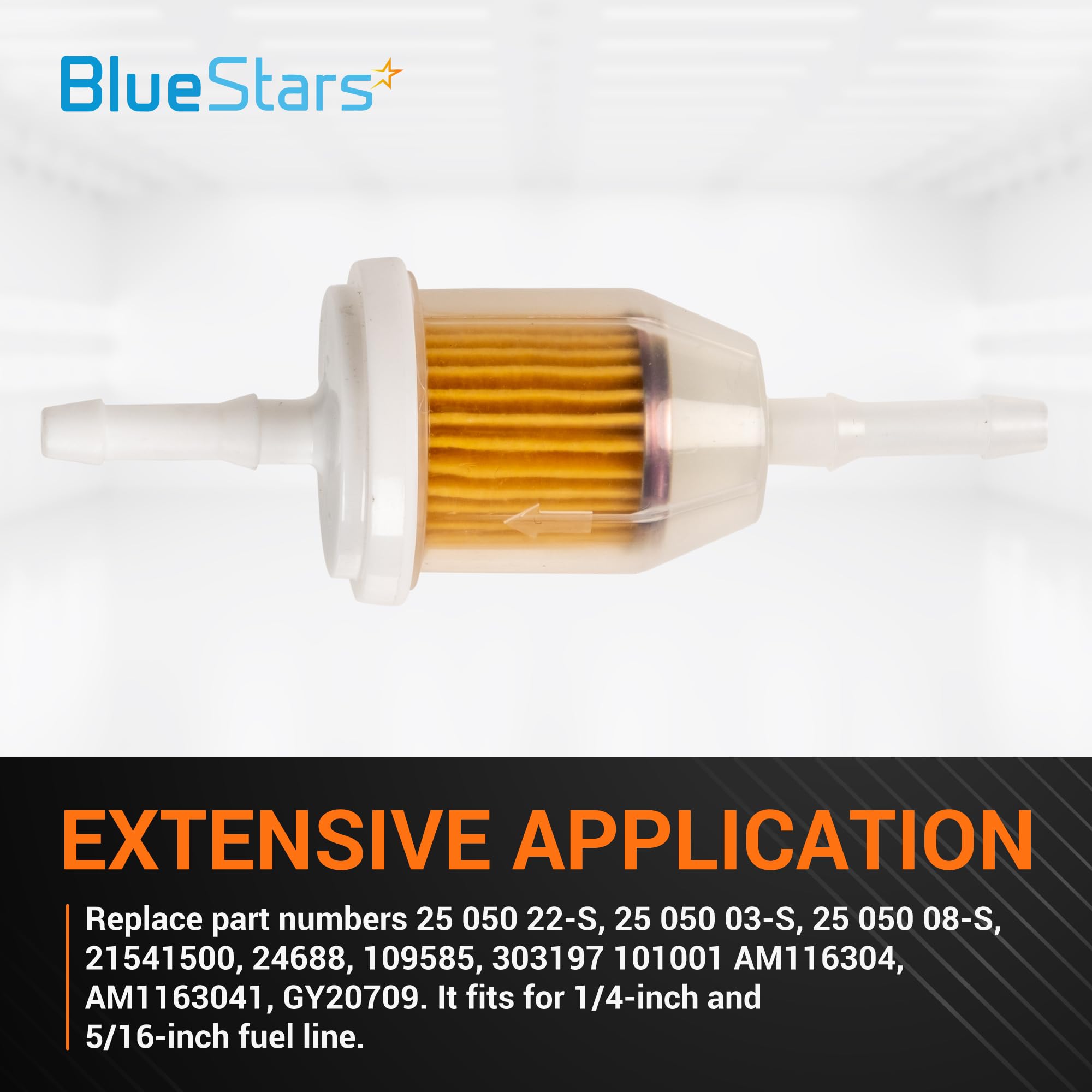 BlueStars AM116304 Fuel Filter 25 050 22-S - For 1/4" and 5/16" Fuel Line Kohler 25 050 03-S 25 050 08-S John Deere GY20709 Gravely 21541500 - Replaces 71-5960 120-436 38666 149-2206-01 - Pack of 10