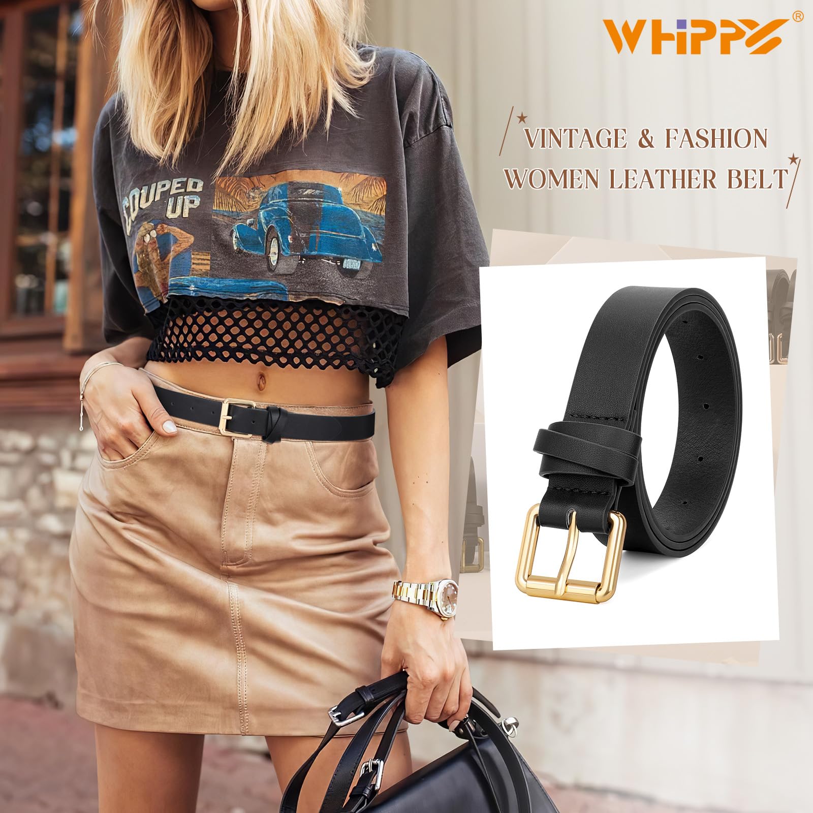 WHIPPY Women's Leather Belts for Jeans Pants Casual Ladies Belt Fashion Vintage Pin Buckle Belt for Women, Black, S