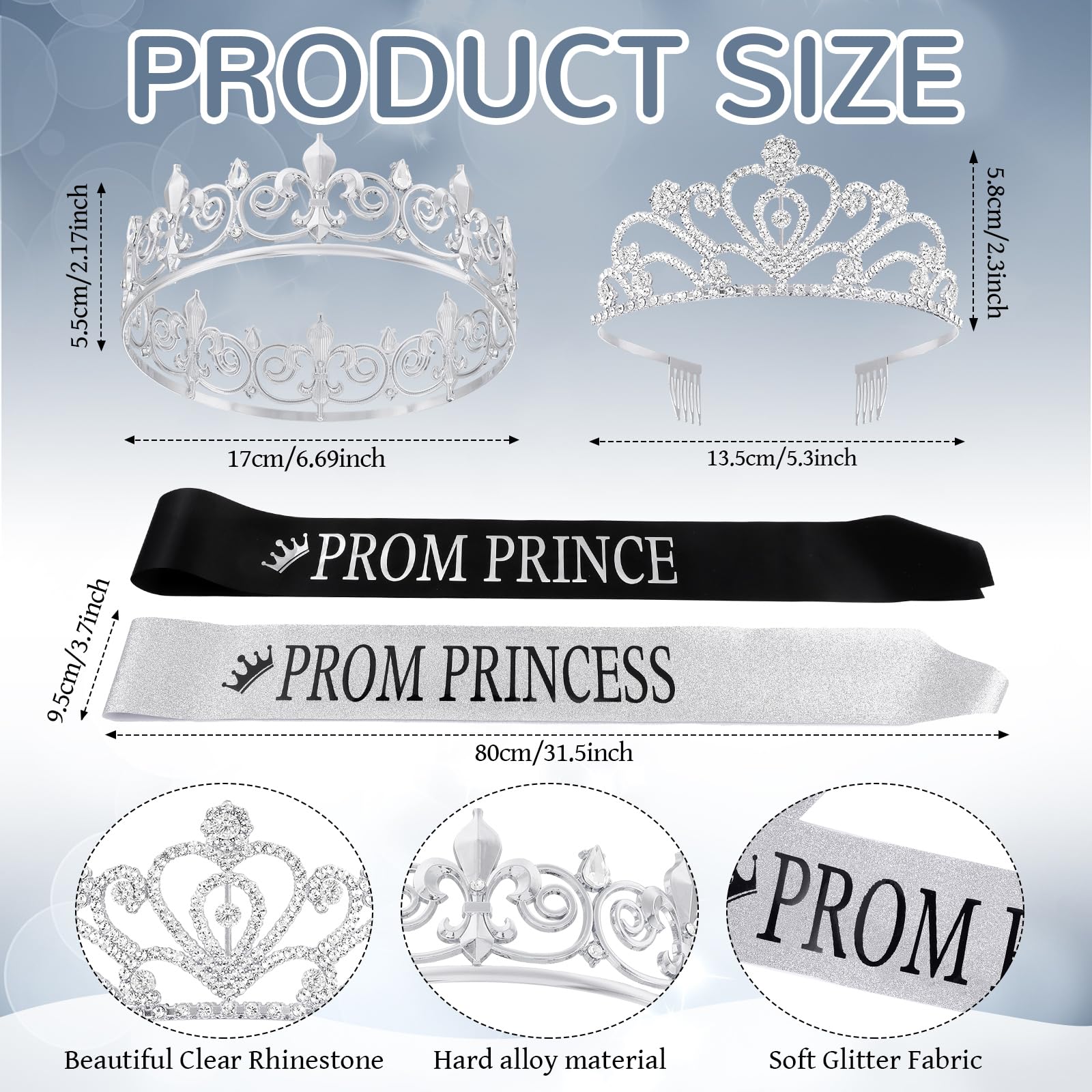 Saintrygo Prom Prince and Princess Crown Set with Sashes 80s Prom Party Favors for Halloween Cosplay 2024 Graduation(Nostalgic Style)