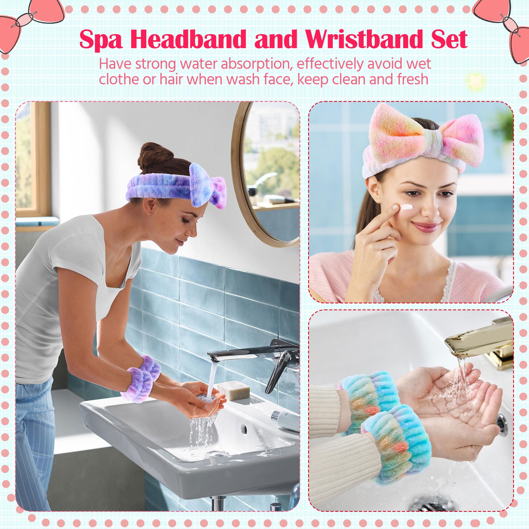 WSYUB Spa and Makeup Headband Set - Gorgeous Tie Dye Color Cosmetic Headband and Absorbent Wrist Towels for Skincare, Face Washing, and Makeup Application (6 pcs)