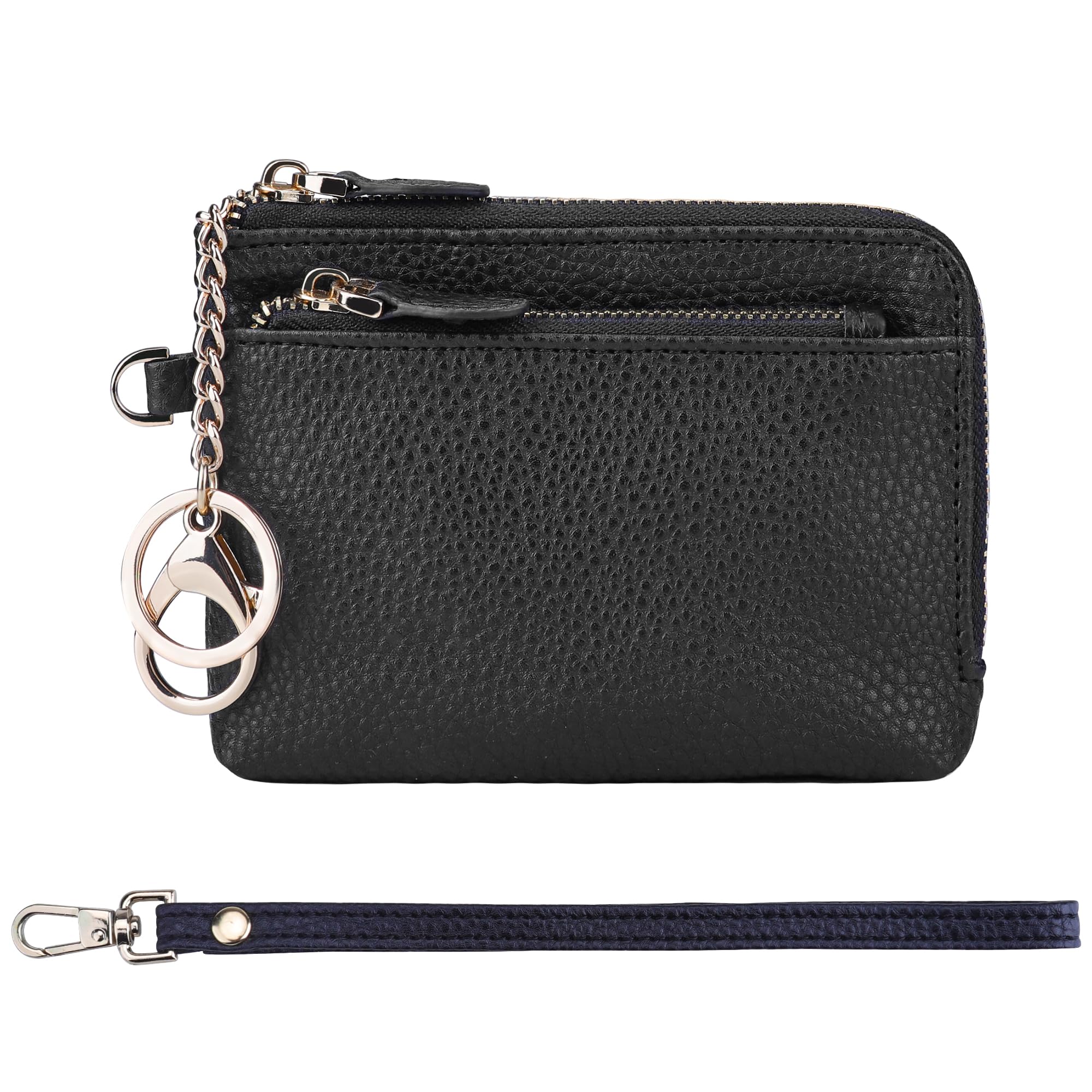 Teskyer Coin Purse Pouch, RFID Blocking Credit Card Holder Zipper Wallet with Wrist Strap and Key Chain for Men & Women