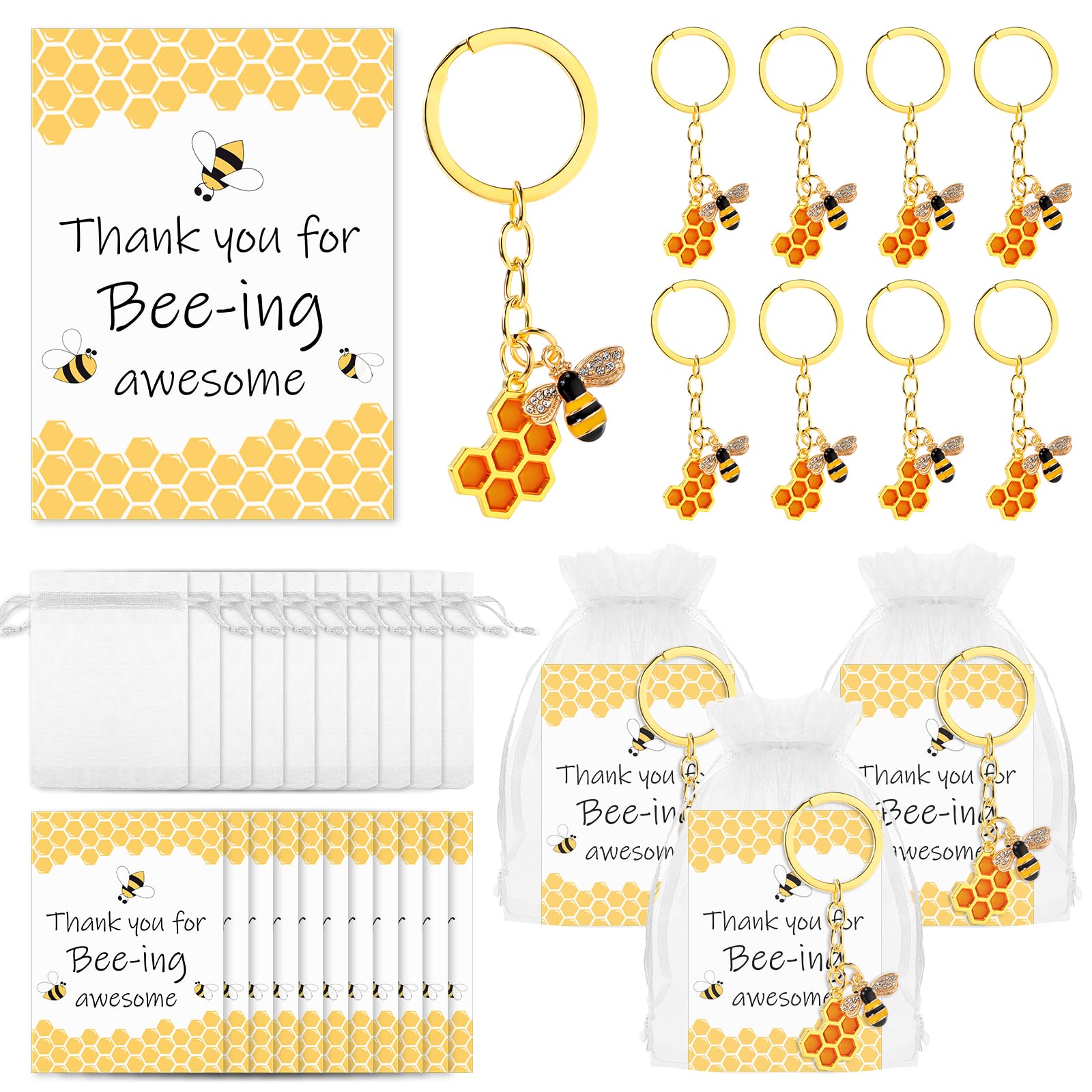 Landical 25 Sets Employee Appreciation Gift Cute Keychains Thank You Cards and Organza Bag Inspirational Gifts for Coworker (Bee)