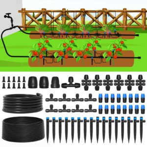 mixc 230ft drip irrigation system,quick connector garden watering system automatic sprinkler system kit for lawn raised bed greenhouse plant watering system with 1/4'' tubing,drip emitters,connectors