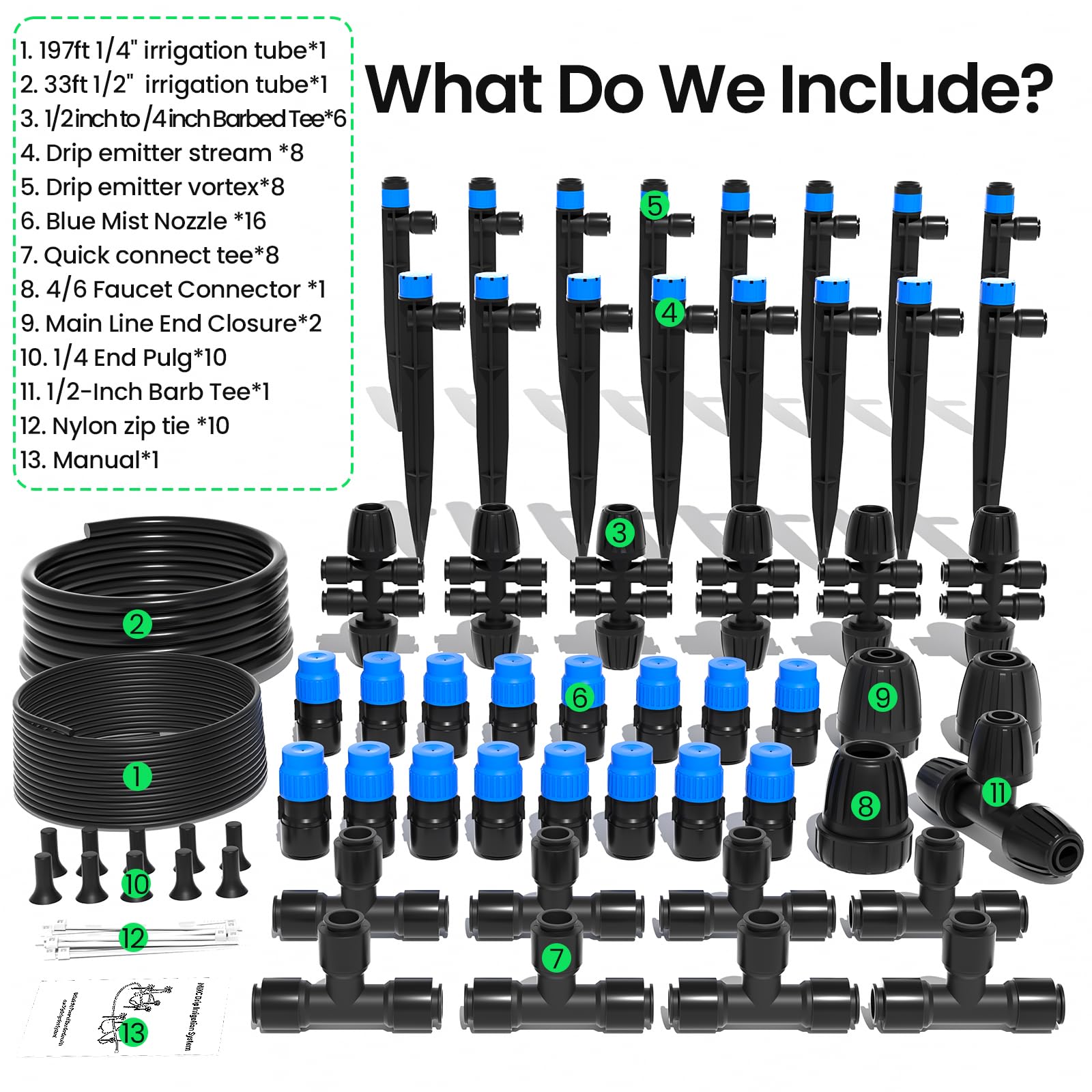 MIXC 230FT Drip Irrigation System,Quick Connector Garden Watering System Automatic Sprinkler System Kit for Lawn Raised Bed Greenhouse Plant Watering System with 1/4'' Tubing,Drip Emitters,Connectors