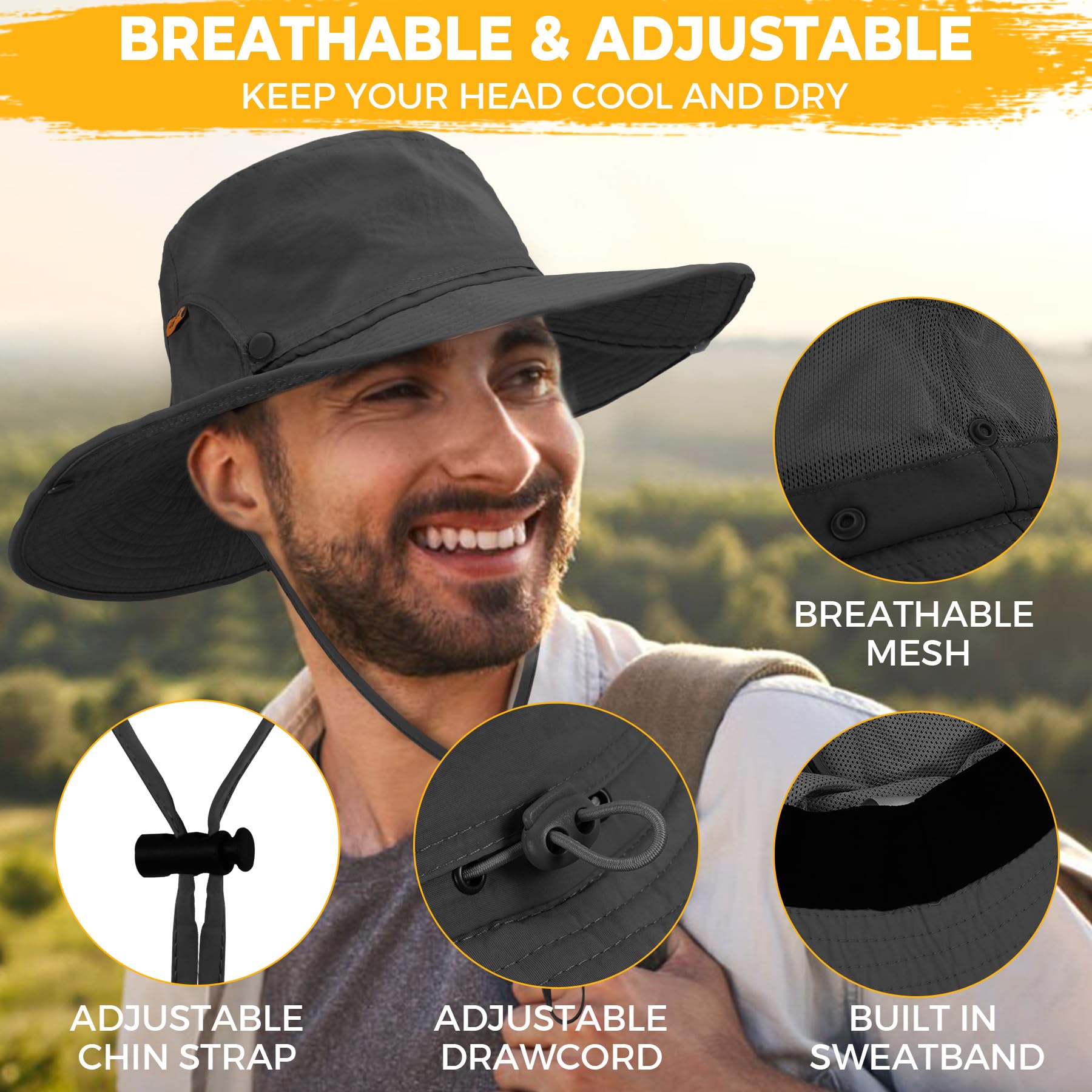 Sukeen Mens Sun Hat Wide Brim Breathable UPF50+ Waterproof Fishing Hat Removable Hat Top Boonie Hat for Hiking Garden Safari Black