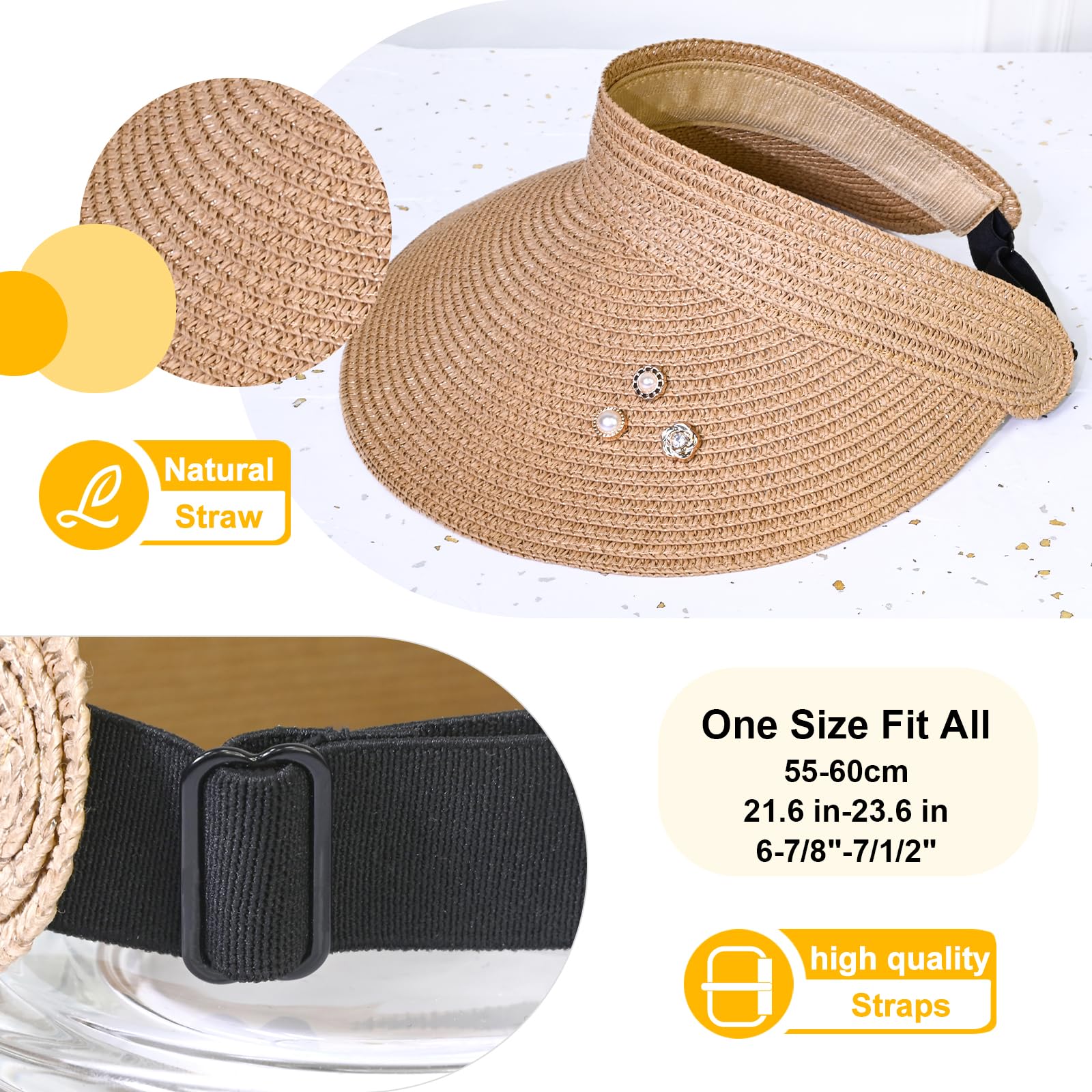 ELLEWIN Women Sun Visor Hat Wide Brim Straw Sun Visor Roll Up Sun Hat Ponytail Packable Beach Khaki Visor