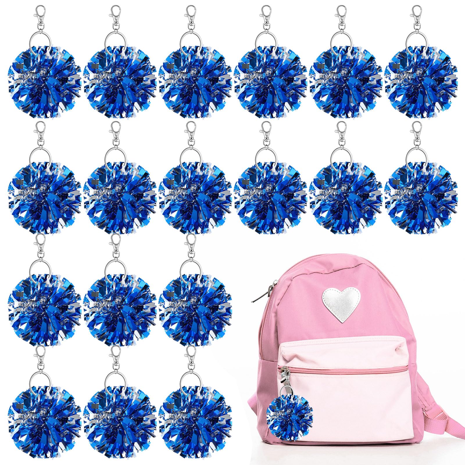 Remuuly 20 Pcs Cheer Pom Pom Keychain Cheerleader Gifts Cheerleading Keyring Charm Foil with Keychain Hooks for Women Accessories (Blue Silver)