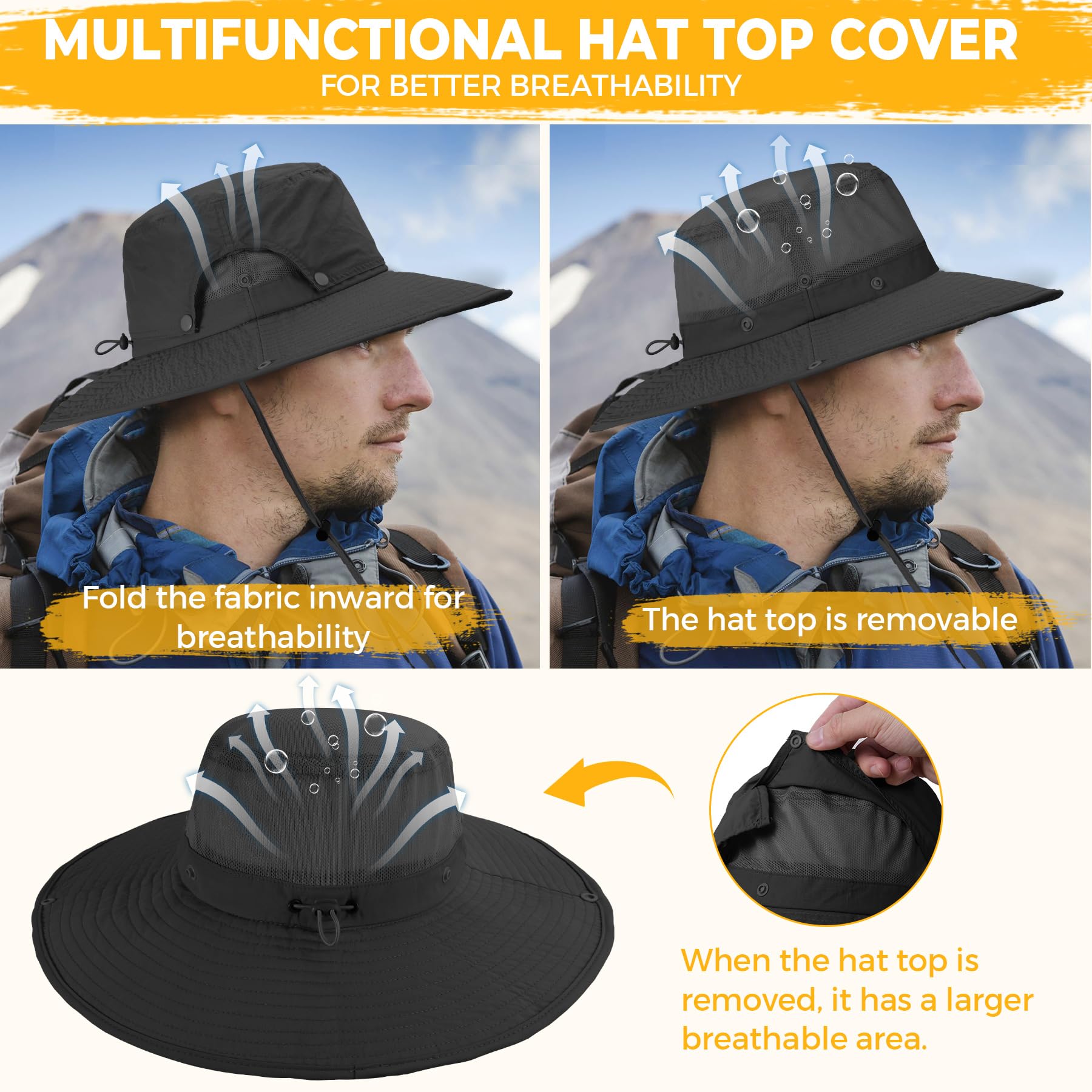 Sukeen Mens Sun Hat Wide Brim Breathable UPF50+ Waterproof Fishing Hat Removable Hat Top Boonie Hat for Hiking Garden Safari Black