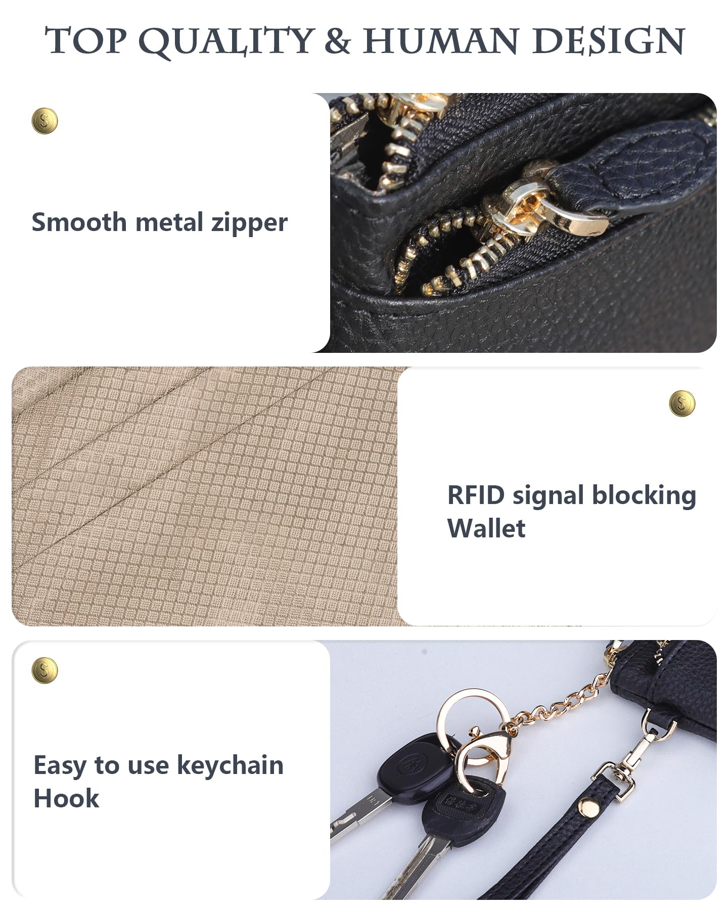 Teskyer Coin Purse Pouch, RFID Blocking Credit Card Holder Zipper Wallet with Wrist Strap and Key Chain for Men & Women