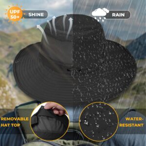 Sukeen Mens Sun Hat Wide Brim Breathable UPF50+ Waterproof Fishing Hat Removable Hat Top Boonie Hat for Hiking Garden Safari Black