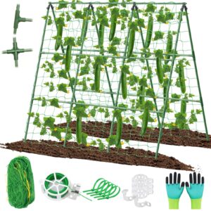 cucumber trellis for raised beds, 45 x 53 inch adjustable size a-frame garden trellis for climbing plant outdoors with climbing net and plant support clip for vegetable grape tomato garden supplies