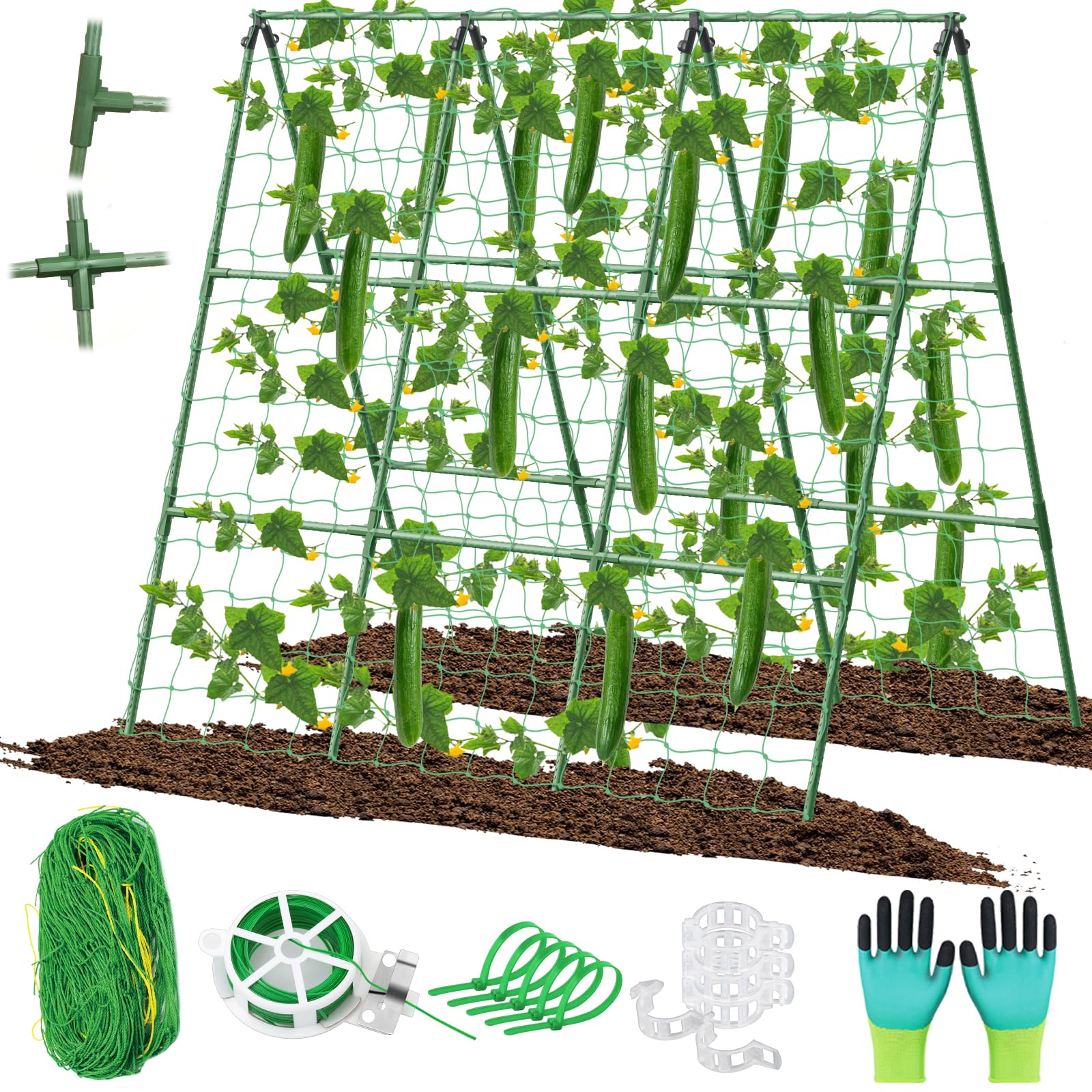 Cucumber Trellis for Raised Beds, 45 x 53 Inch Adjustable Size A-Frame Garden Trellis for Climbing Plant Outdoors with Climbing Net and Plant Support Clip for Vegetable Grape Tomato Garden Supplies