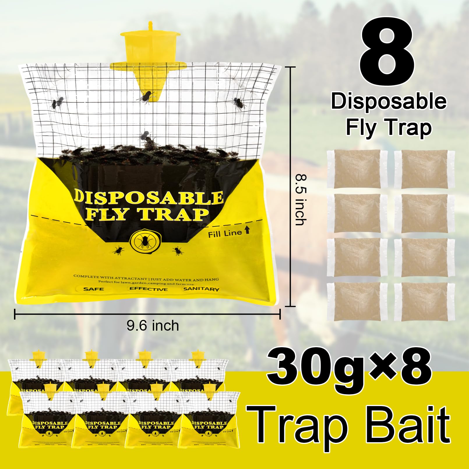 Glovv Fly Traps Outdoor Hanging, 8 Natural Pre-Baited Fly Hunter Stable Horse Ranch Fly Trap, Mosquito Fly Bags Outdoor Disposable Catchers Killer Repellent for Barn Farm Patio & Camping