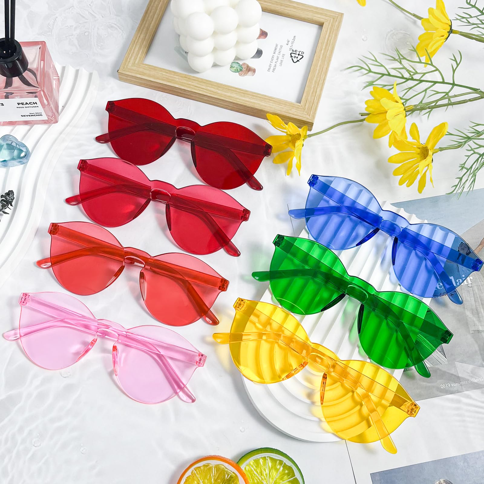 SUNOVELTIES 18 Round Shape Rimless Sunglasses Transparent Candy Color Glasses Colorful Party Eyewear for Women